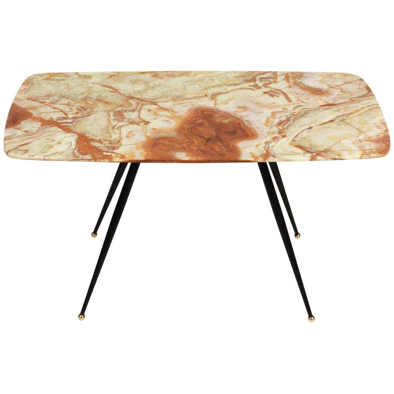 Midcentury Pink and Green Onyx Marble Italian Coffee Table with Brass