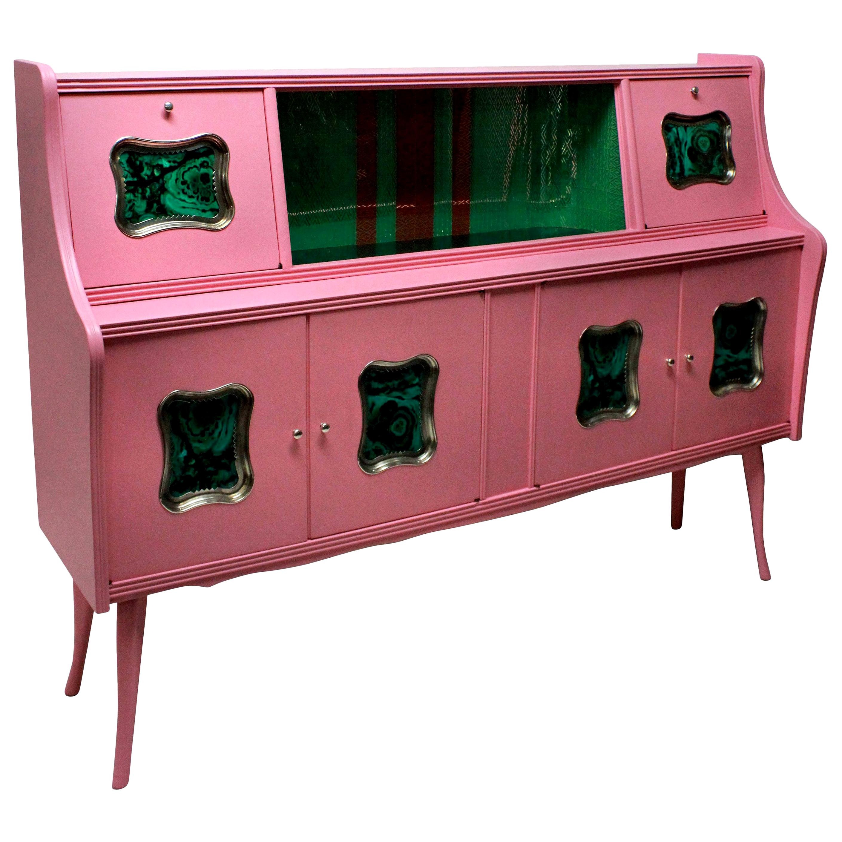 Midcentury Pink Lacquered Bar Cabinet