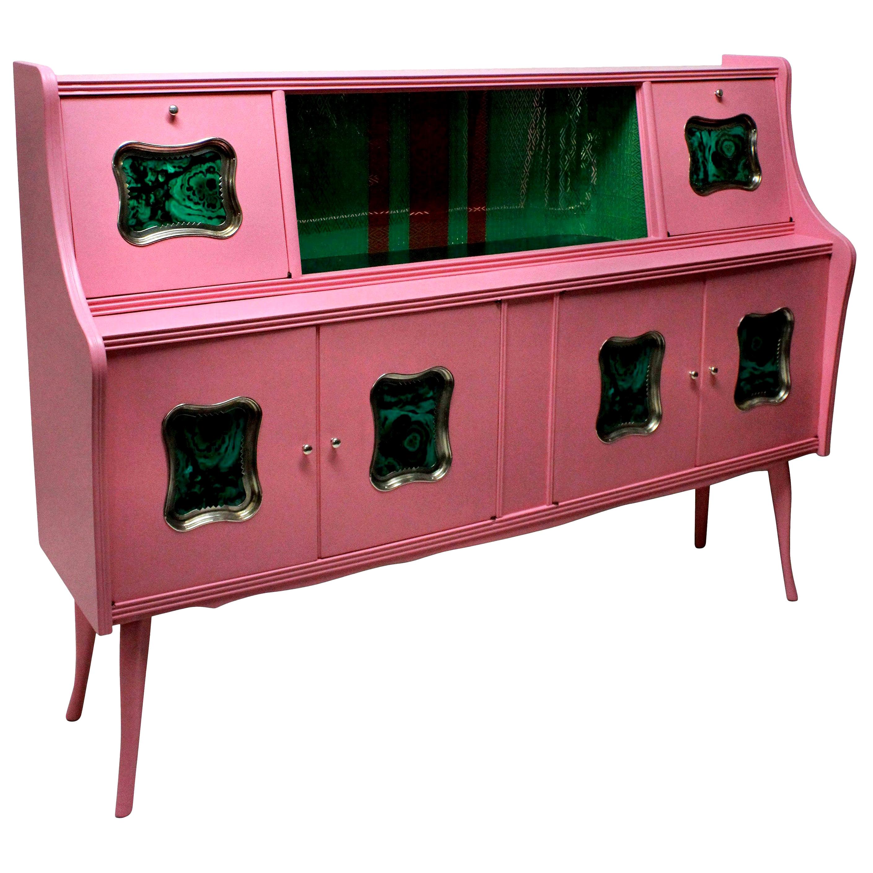 Midcentury Pink Lacquered Bar Cabinet