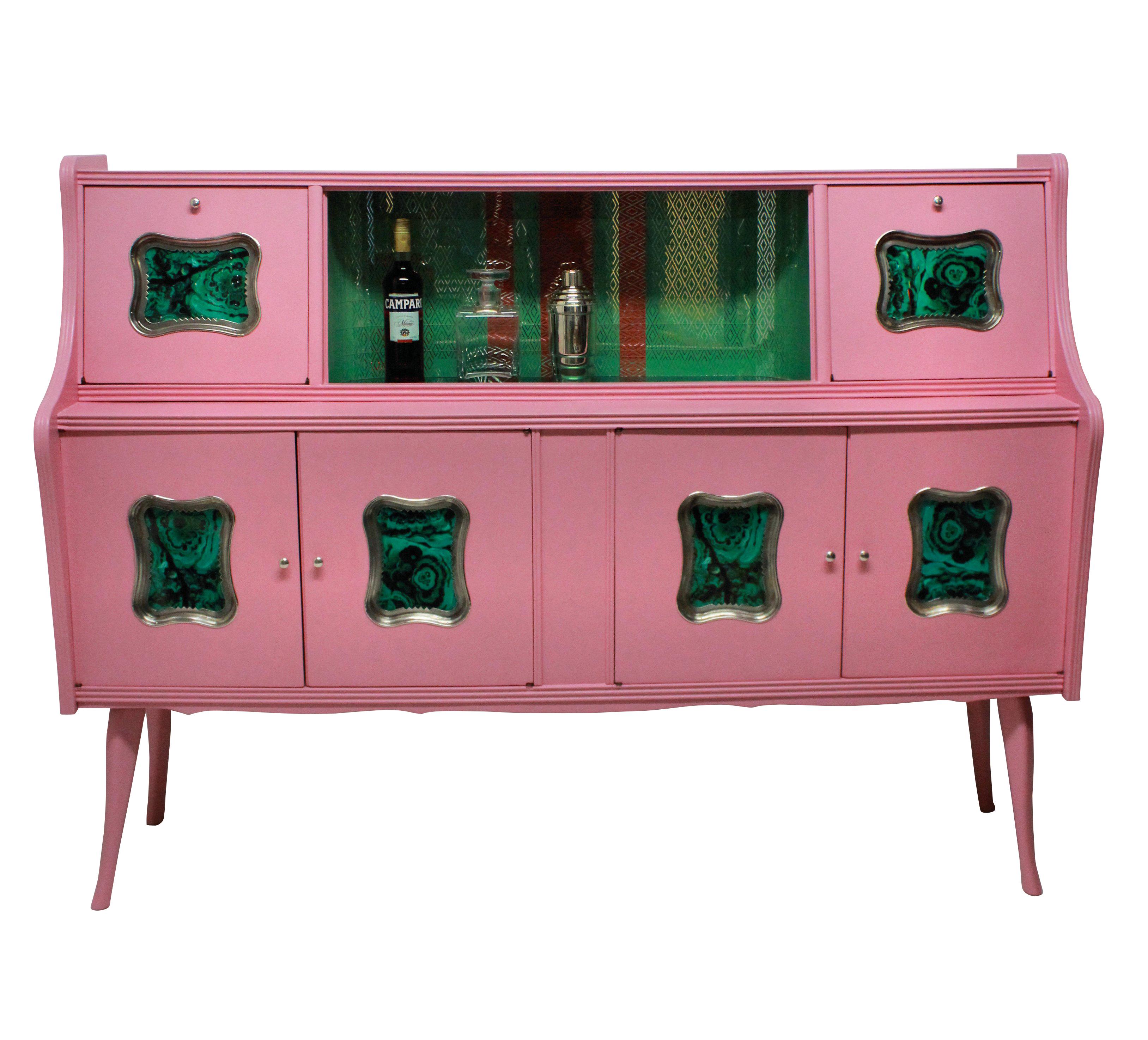 Mid-Century Modern Midcentury Pink Lacquered Bar Cabinet with Malachite Panels
