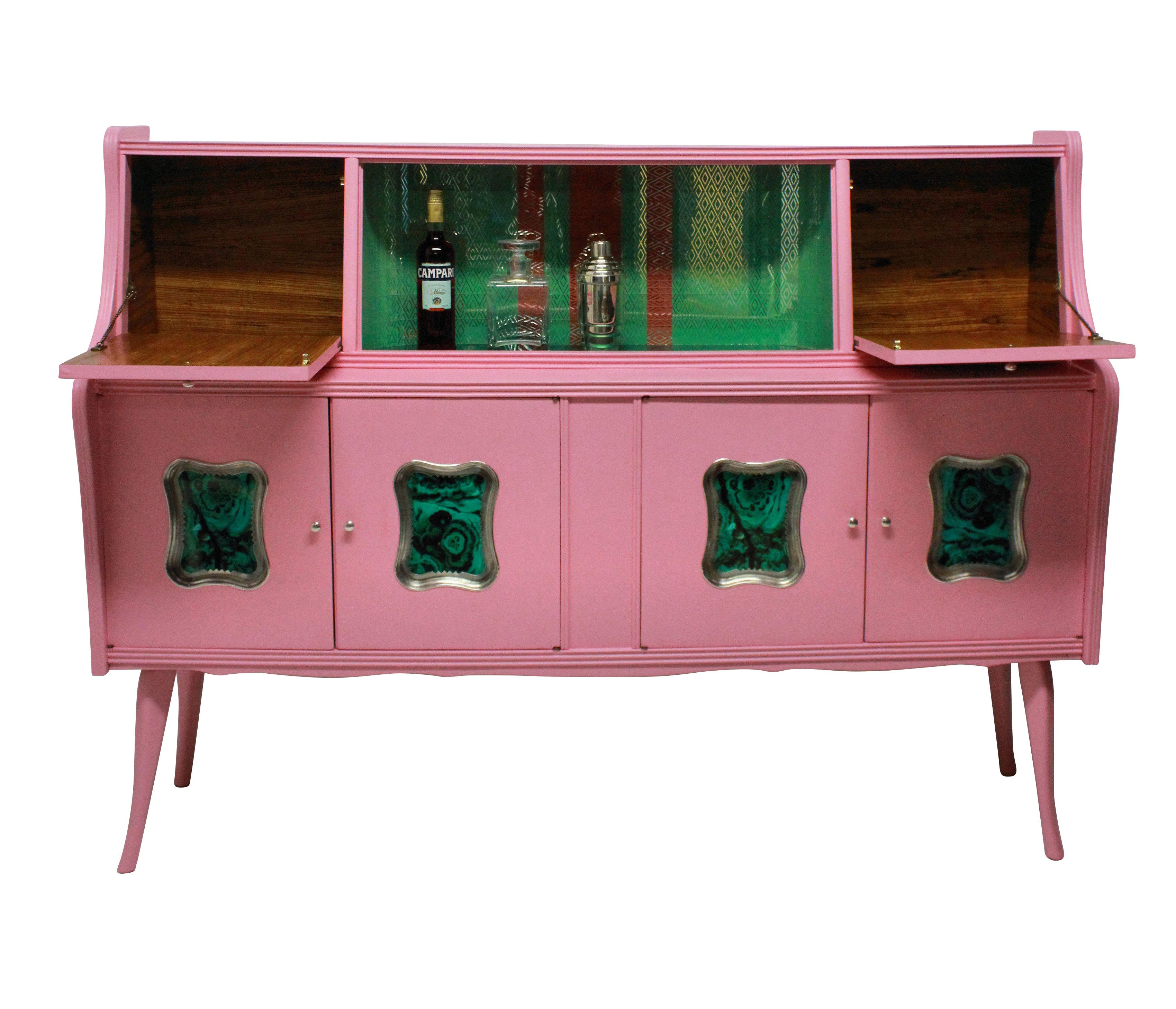 Italian Midcentury Pink Lacquered Bar Cabinet with Malachite Panels