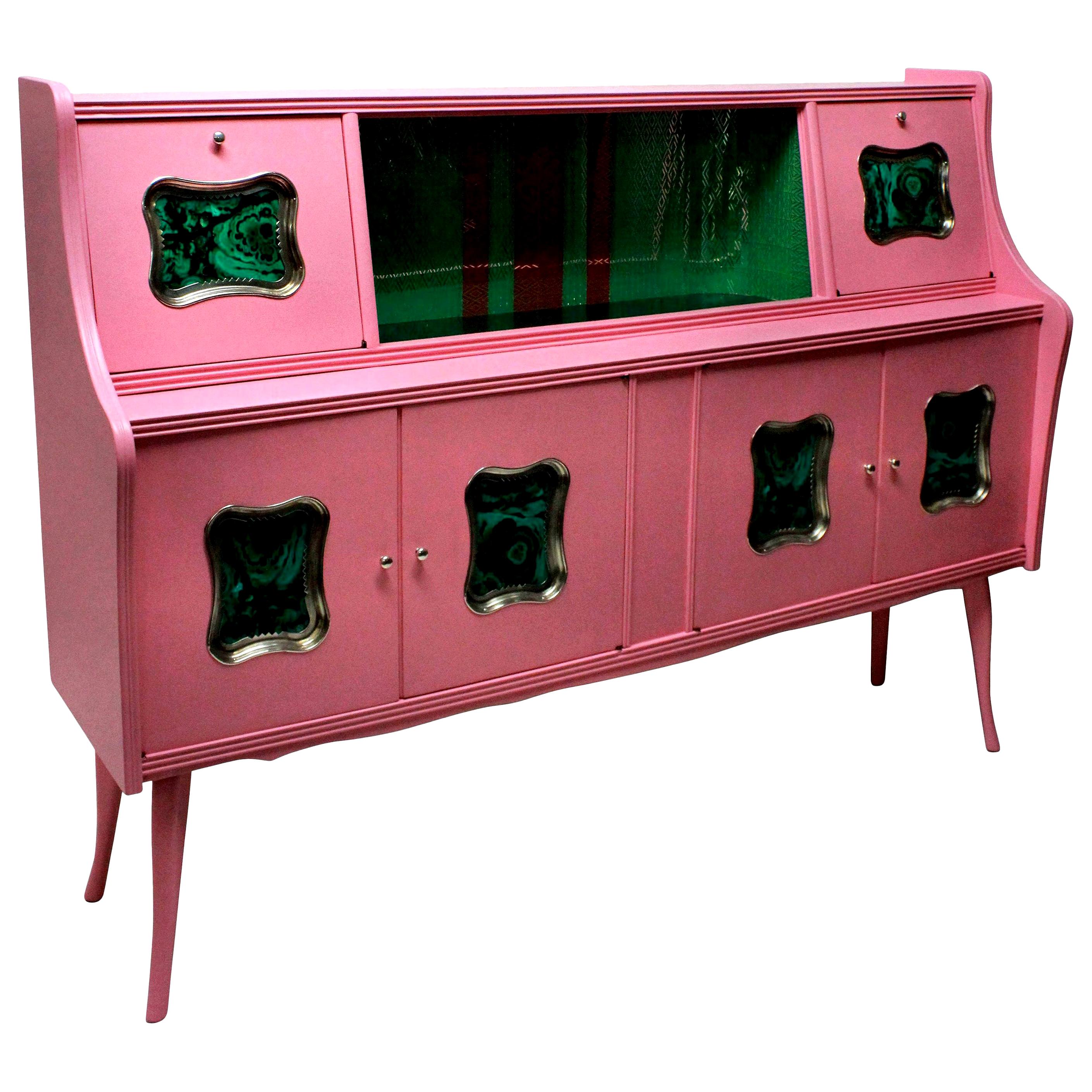 Midcentury Pink Lacquered Bar Cabinet with Malachite Panels