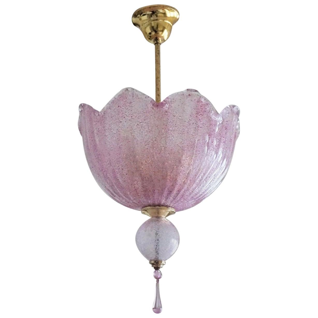 Midcentury Pink Murano Glass Brass Two-Light Pendant or Lantern, Italy, 1960s