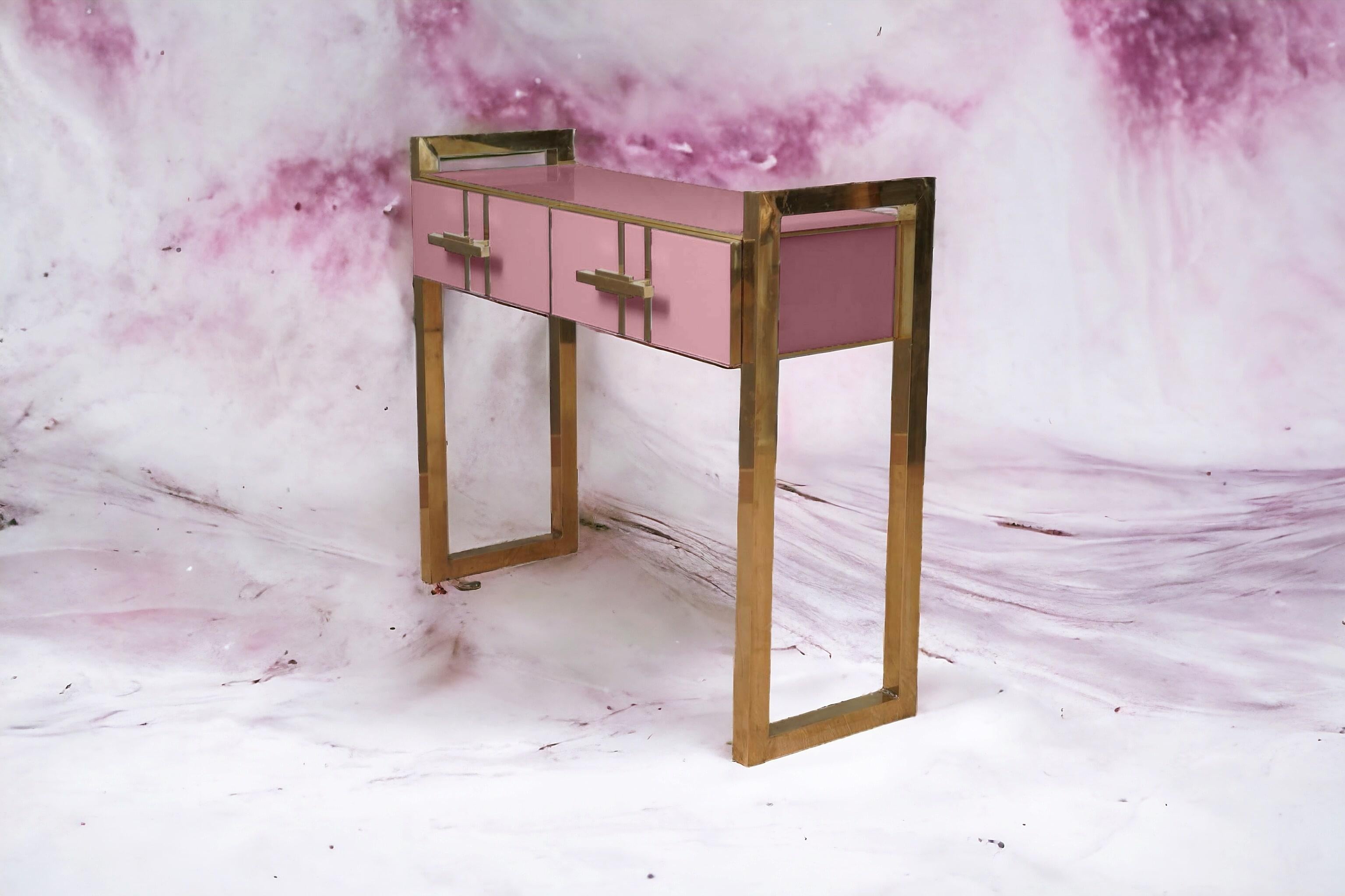 Brass MidCentury Pink Murano Glass Console Table, Made in Italy Available For Sale