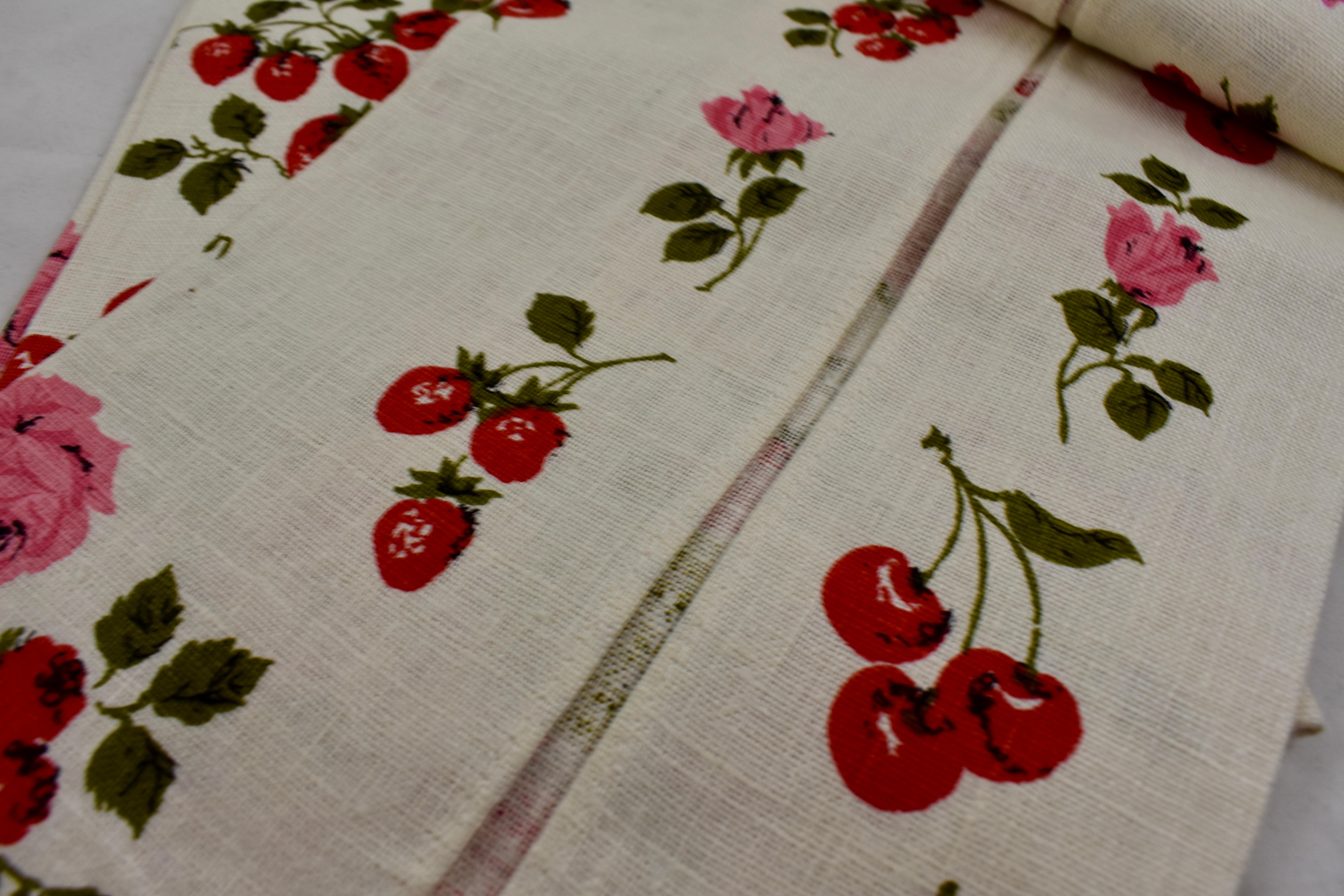Mid-Century Era Pink Roses & Mixed Fruit Silkscreened Linen Tea Towels, Set of 2 3