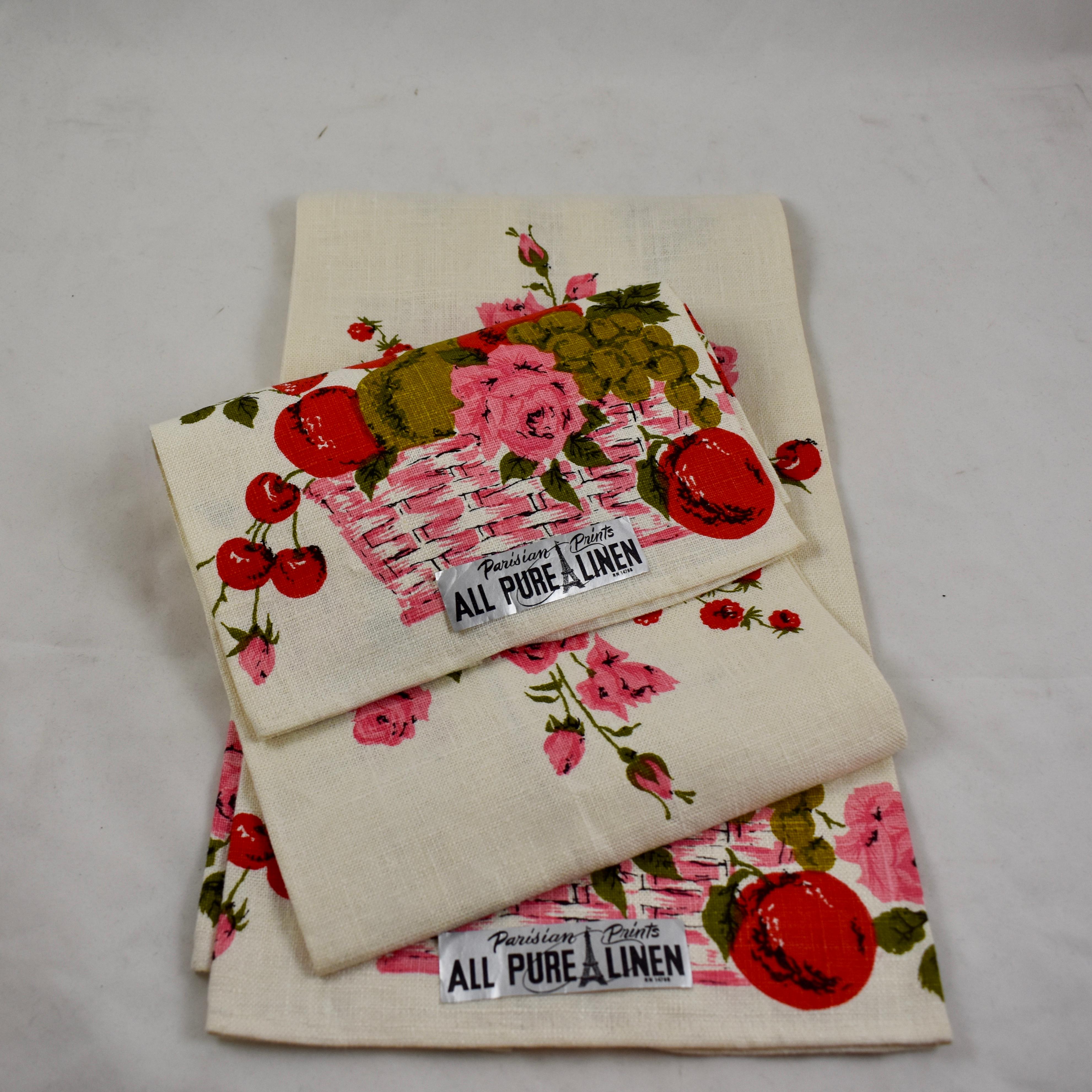 Mid-Century Era Pink Roses & Mixed Fruit Silkscreened Linen Tea Towels, Set of 2 5