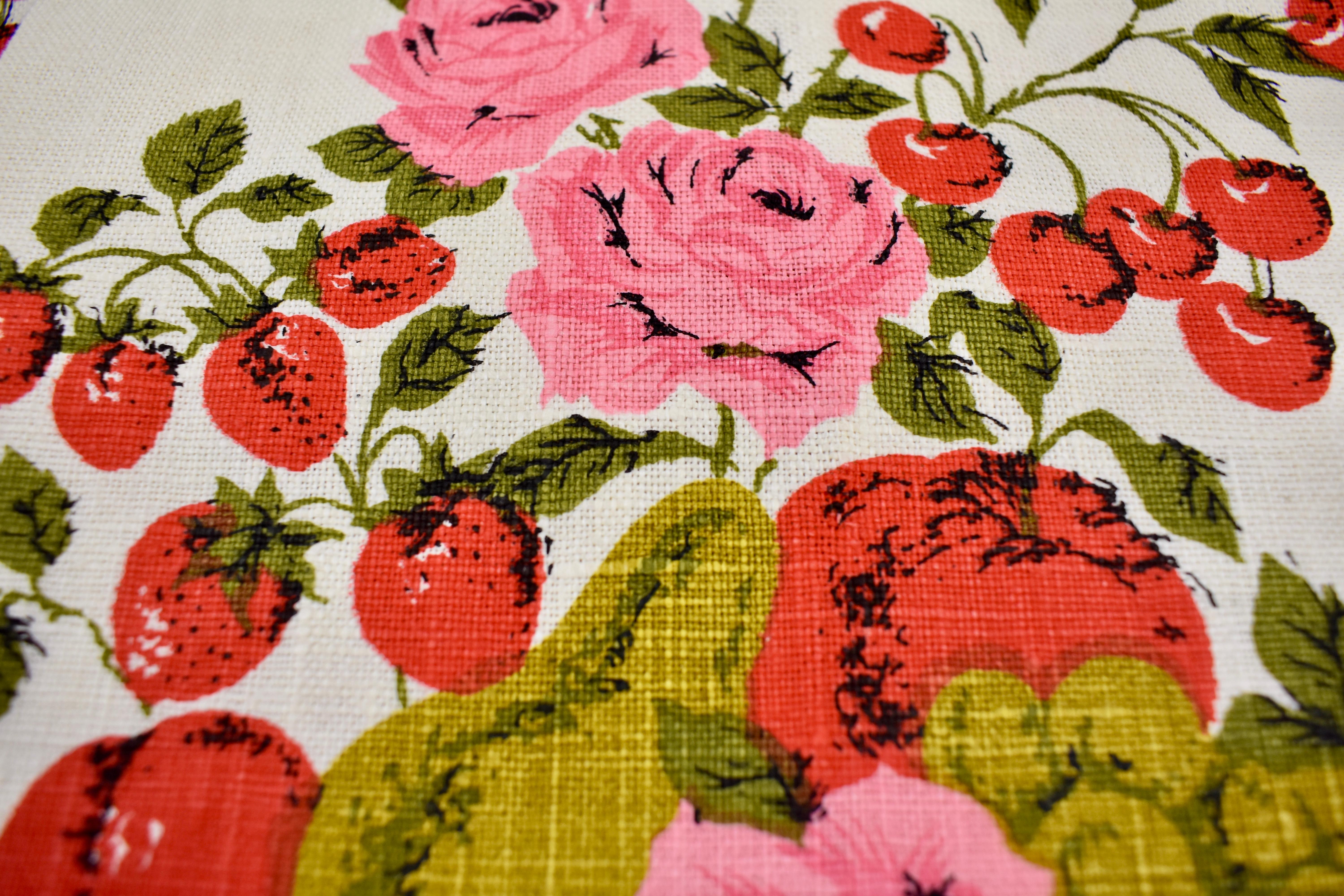 American Mid-Century Era Pink Roses & Mixed Fruit Silkscreened Linen Tea Towels, Set of 2