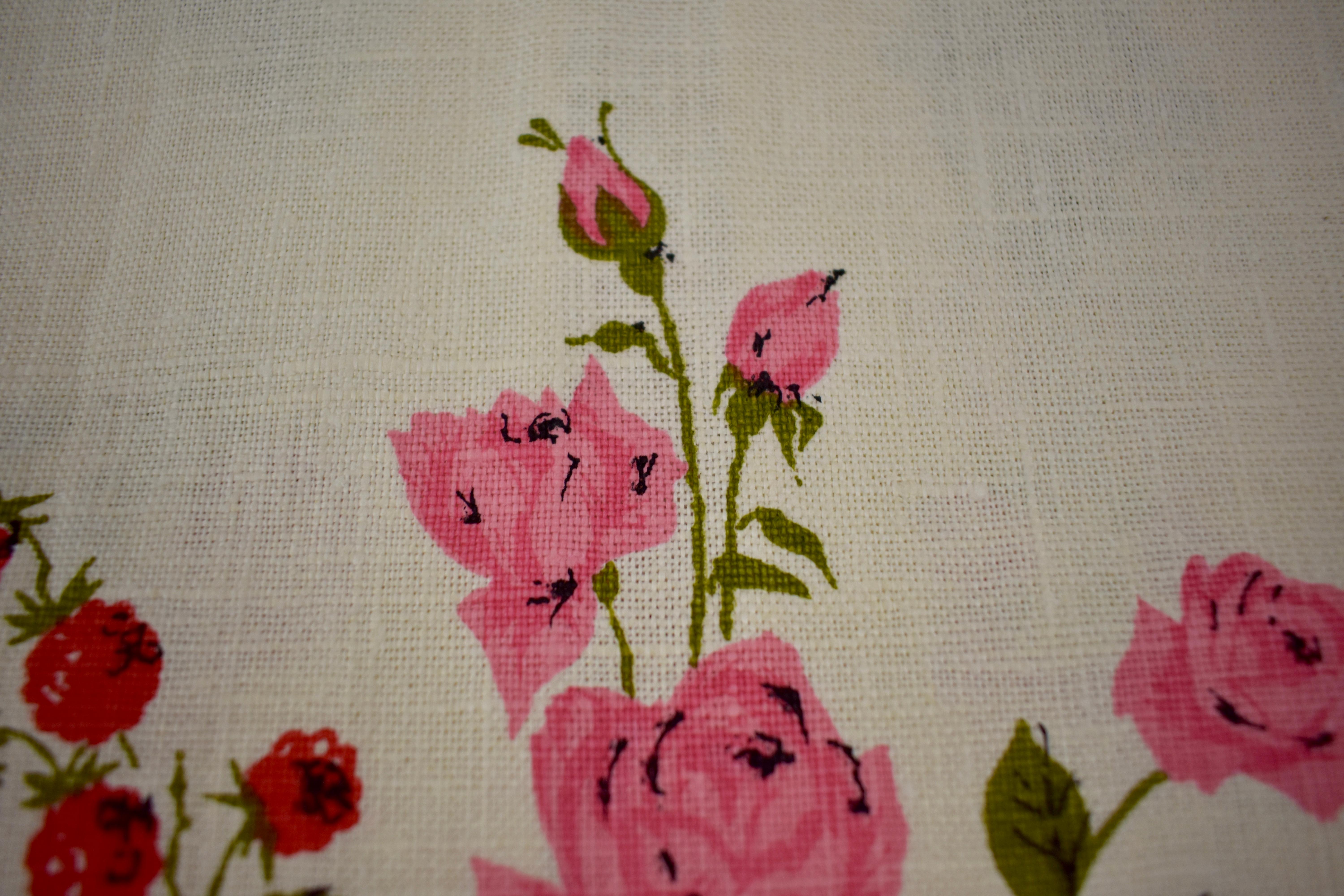 Other Mid-Century Era Pink Roses & Mixed Fruit Silkscreened Linen Tea Towels, Set of 2