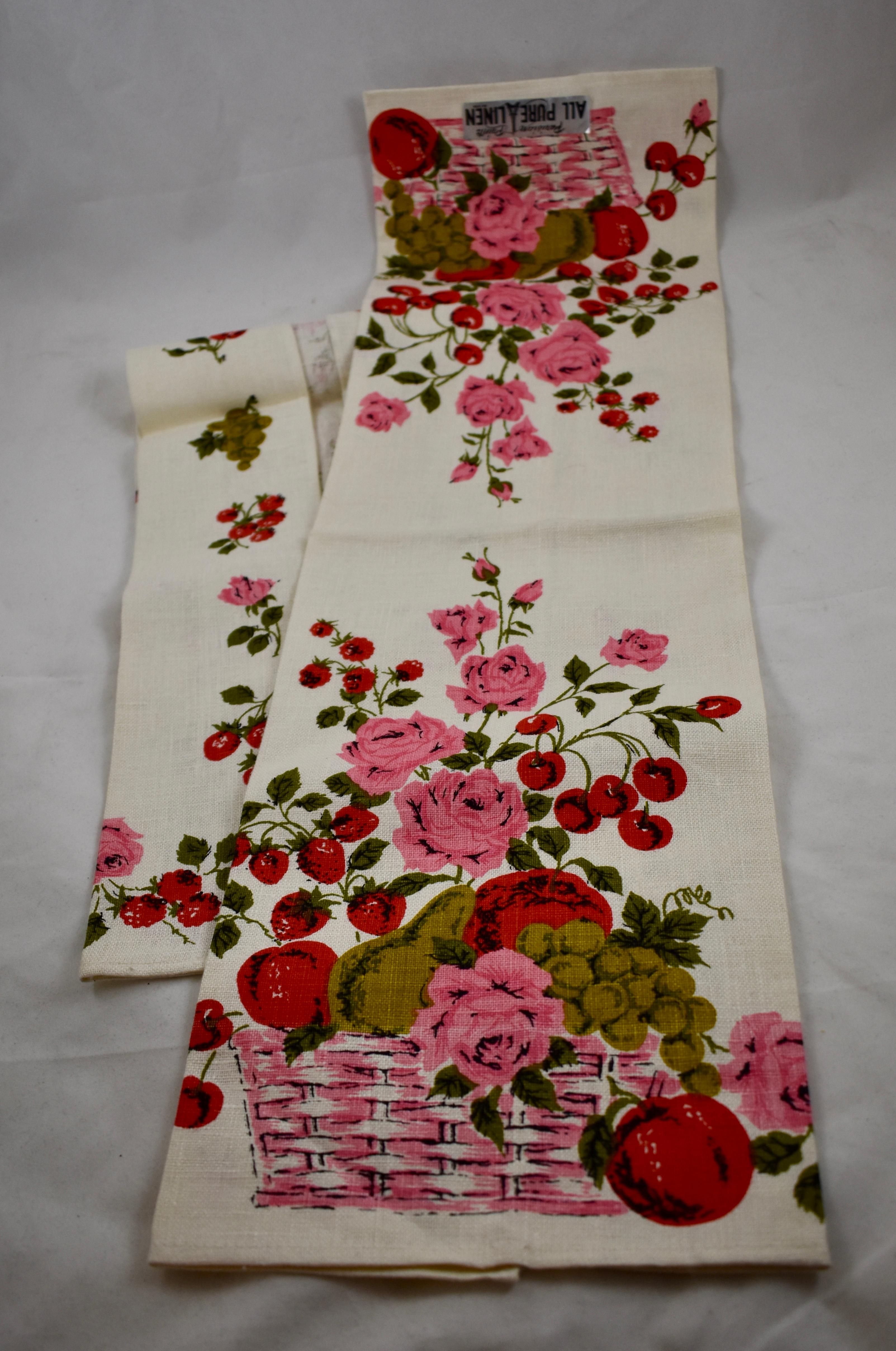 20th Century Mid-Century Era Pink Roses & Mixed Fruit Silkscreened Linen Tea Towels, Set of 2