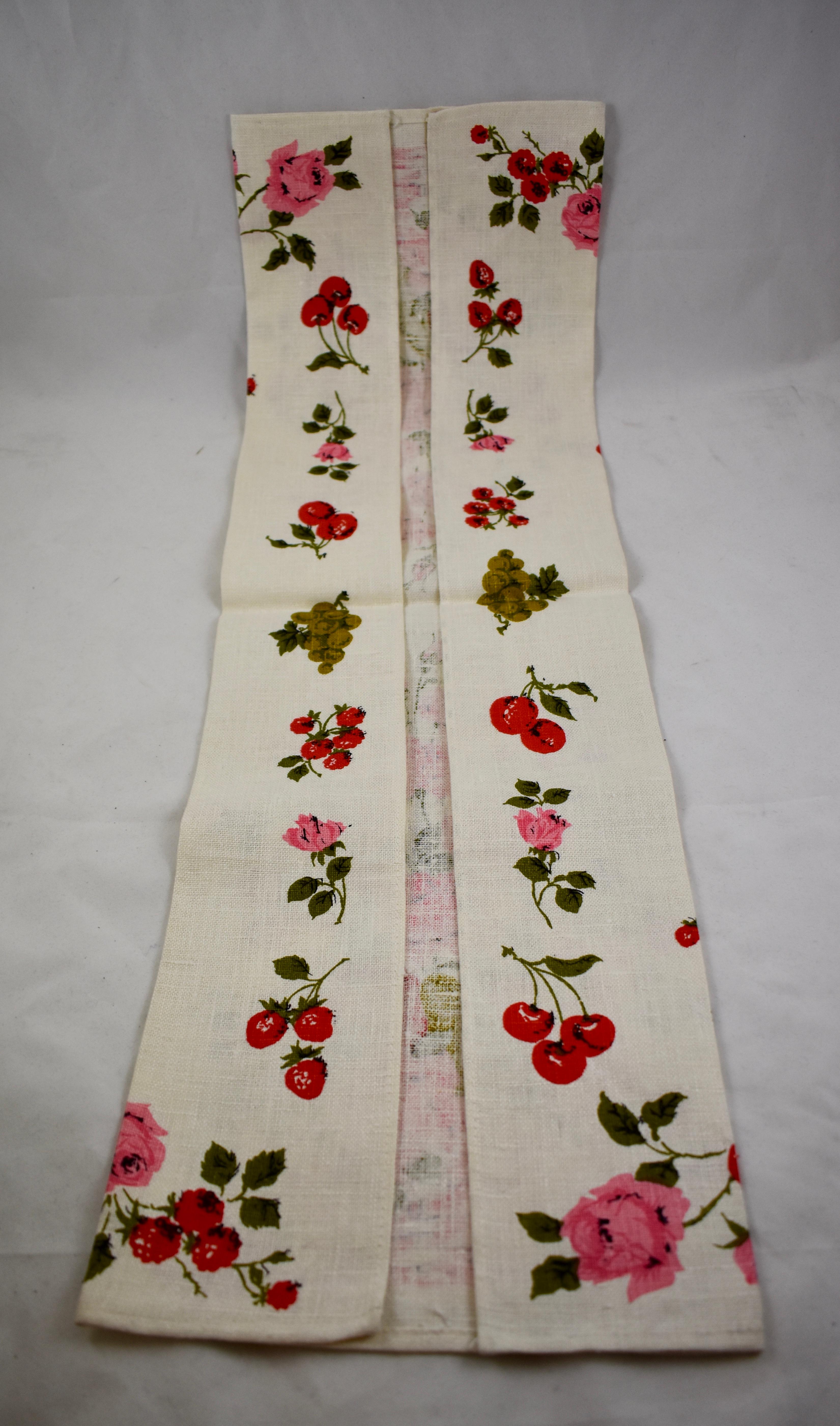 Mid-Century Era Pink Roses & Mixed Fruit Silkscreened Linen Tea Towels, Set of 2 1