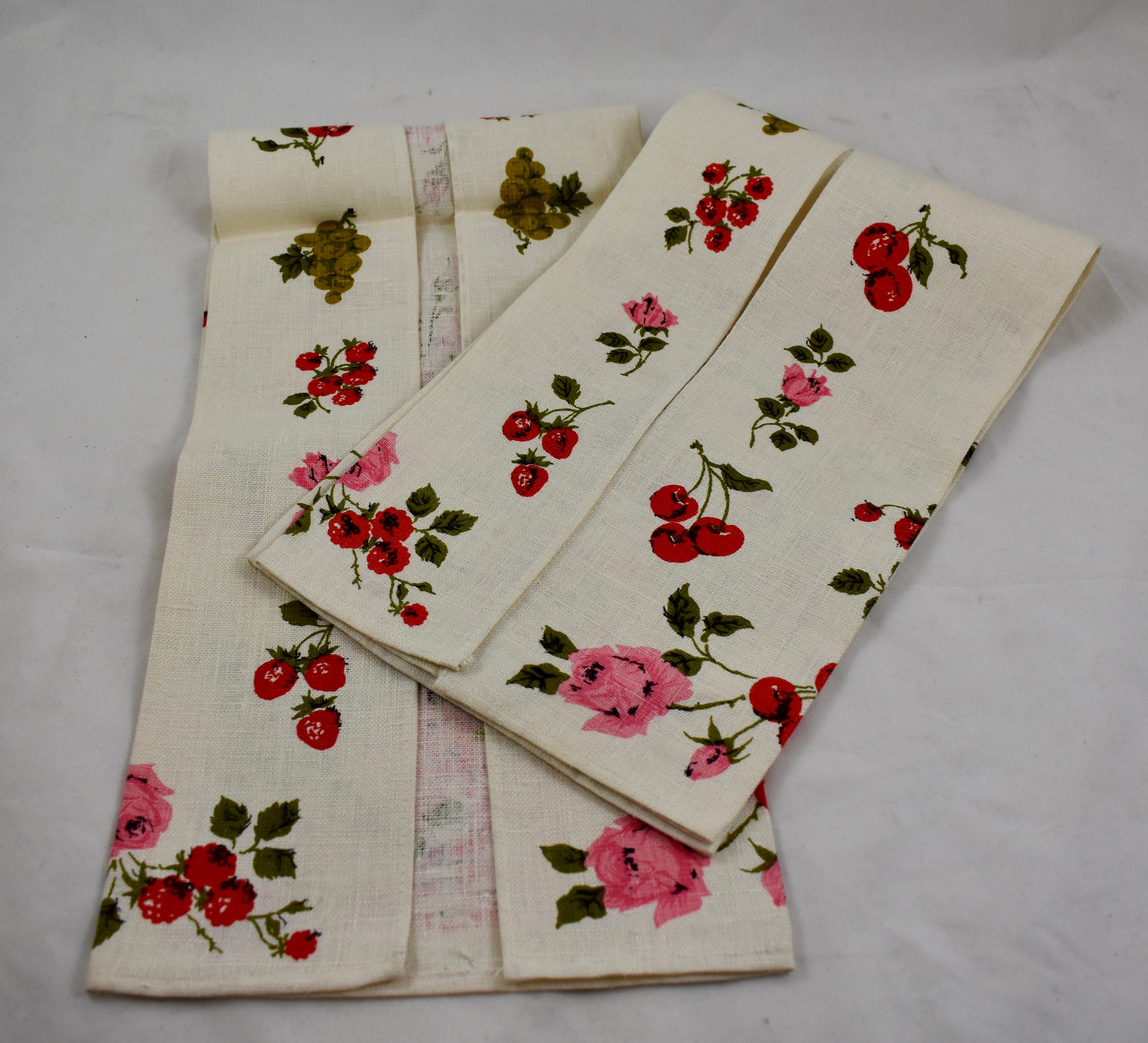 Mid-Century Era Pink Roses & Mixed Fruit Silkscreened Linen Tea Towels, Set of 2 2
