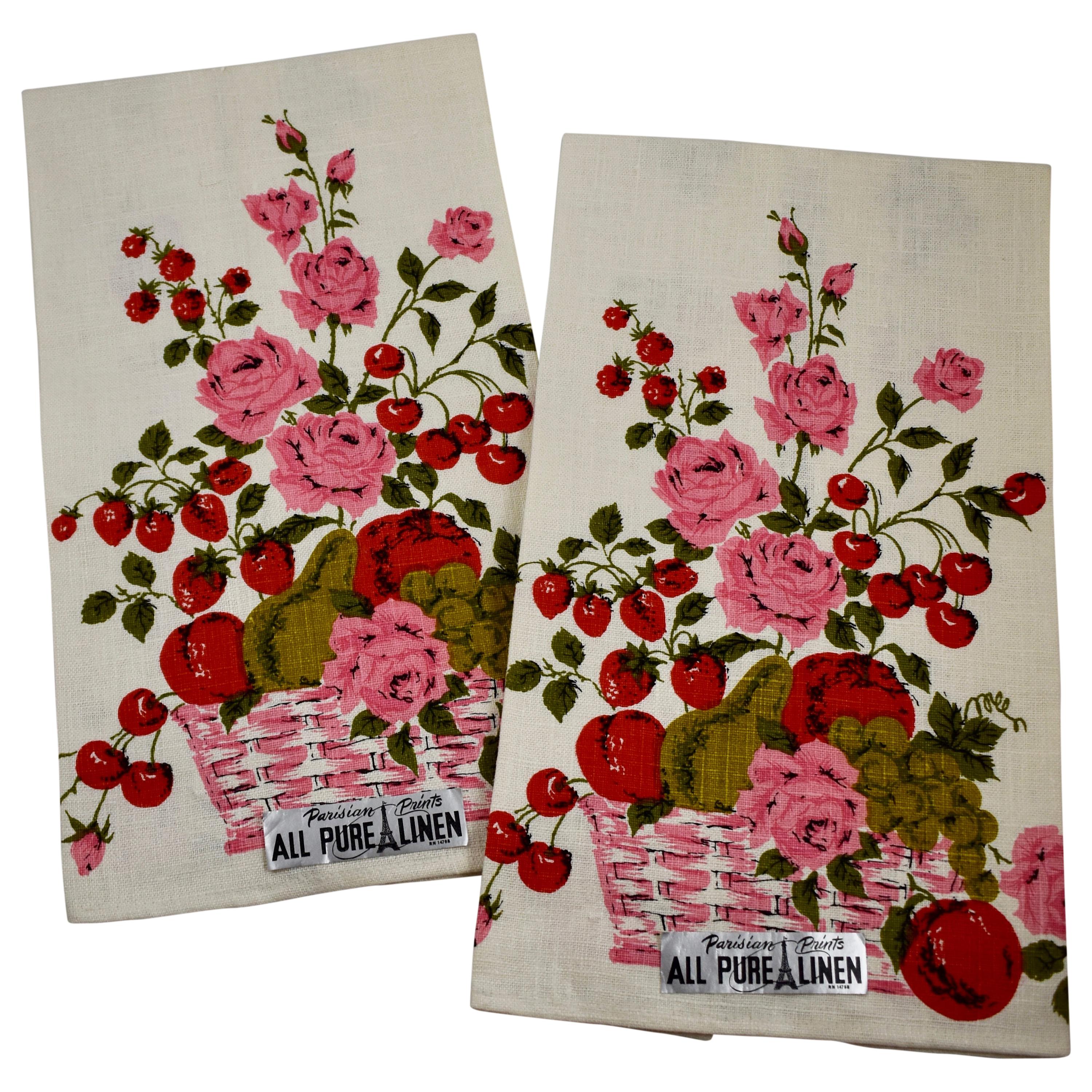 Mid-Century Era Pink Roses & Mixed Fruit Silkscreened Linen Tea Towels, Set of 2