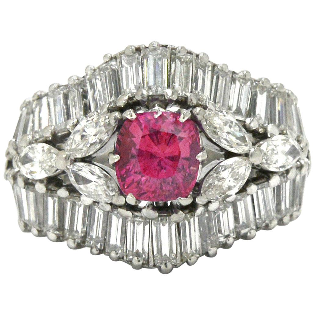 Mid Century Pink Sapphire and Diamond Cigar Band Cocktail Ring  For Sale