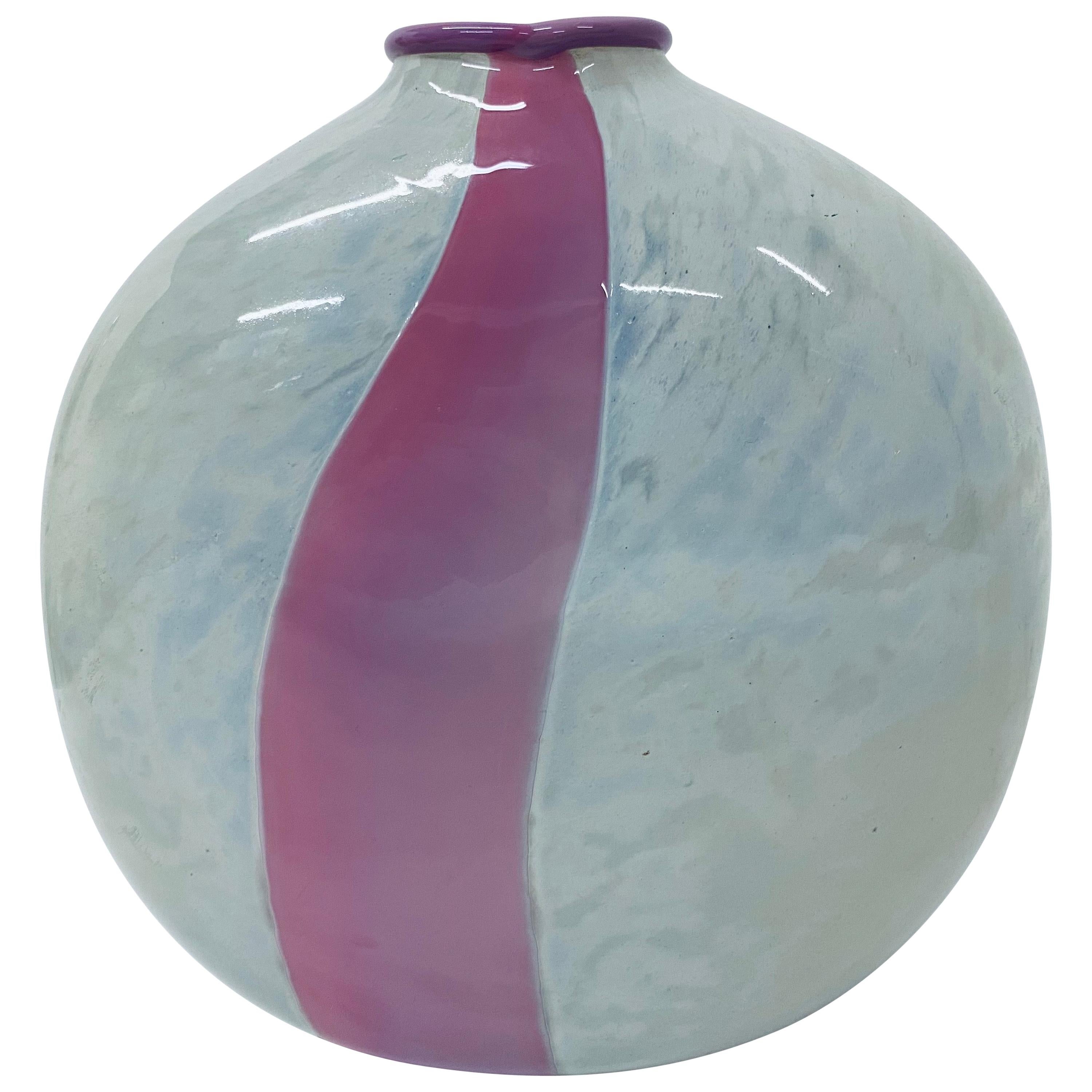 Midcentury Pink Stipe and Milky White Glass Vase