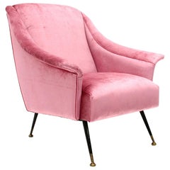 Midcentury Pink Velvet Italian Armchair, 1950s