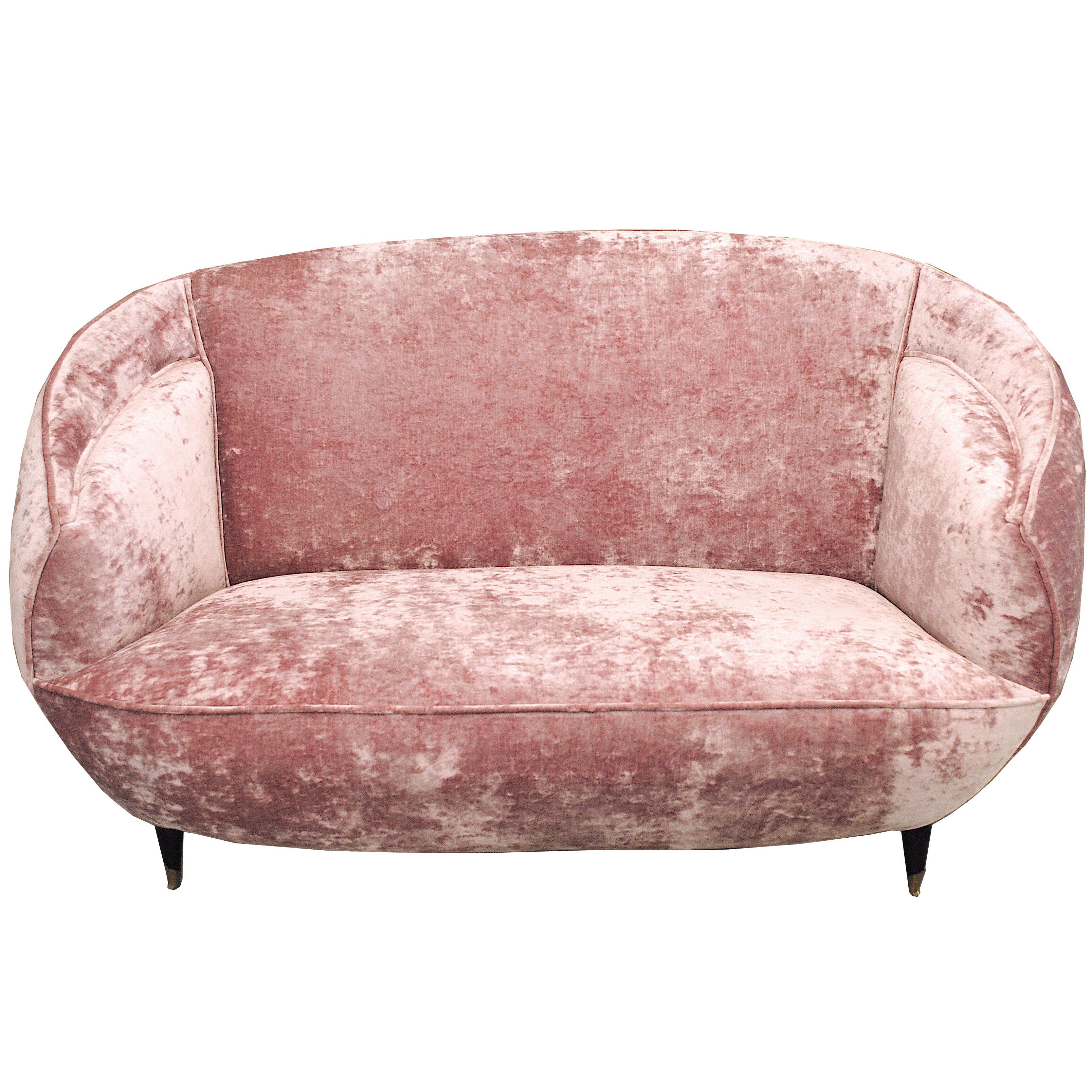 Midcentury Pink Velvet Italian Sofa in the Style of Giulia Veronesi, 1950s