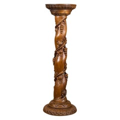 Midcentury Plant Stand, English, Mahogany, Torchère Pedestal, Carved Grape Vine