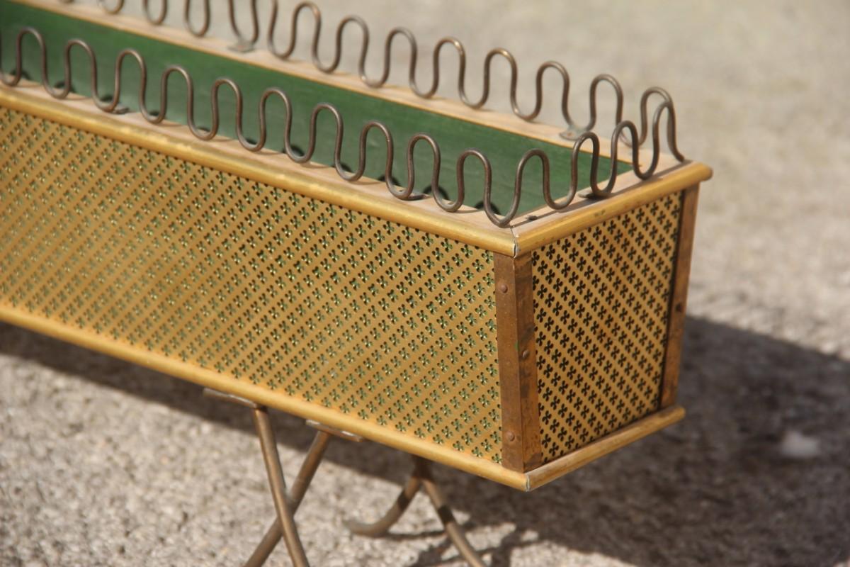 Midcentury Plant Stand Italian Design 1950s Brass Sculptural Rectangular Wood In Good Condition In Palermo, Sicily