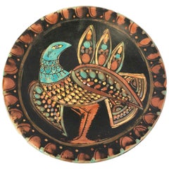 Midcentury Plate Enamel Decorative Bird Center Piece Hand Painted Pottery