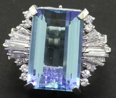 Midcentury Platinum 1950s 15 Carat Aquamarine VS Diamond Cocktail Ring