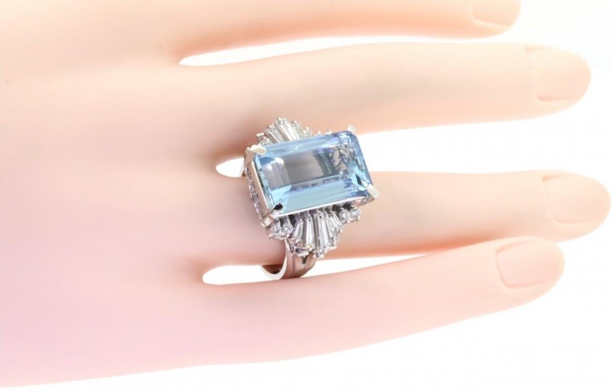 Midcentury Platinum 1950s 15 Carat Aquamarine VS Diamond Cocktail Ring In Excellent Condition For Sale In Shaker Heights, OH