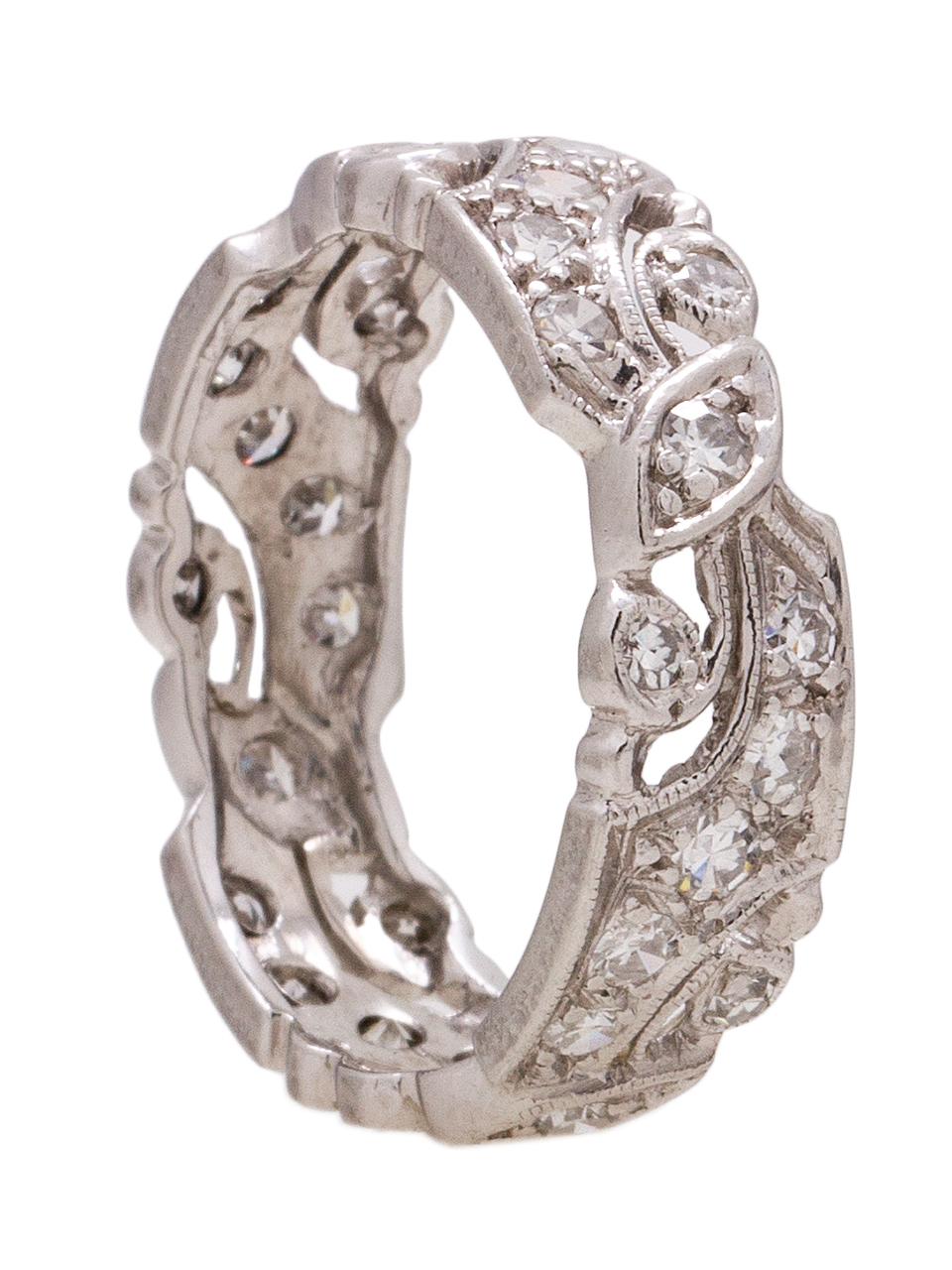 
Very pretty vintage platinum open carved wide band set with approximately 1.08cts single cut diamonds, G/H-SI1-SI2. 6mm wide, size 6.5, cannot adjust. Circa 1940’s – 1950’s.

SKU: 42302