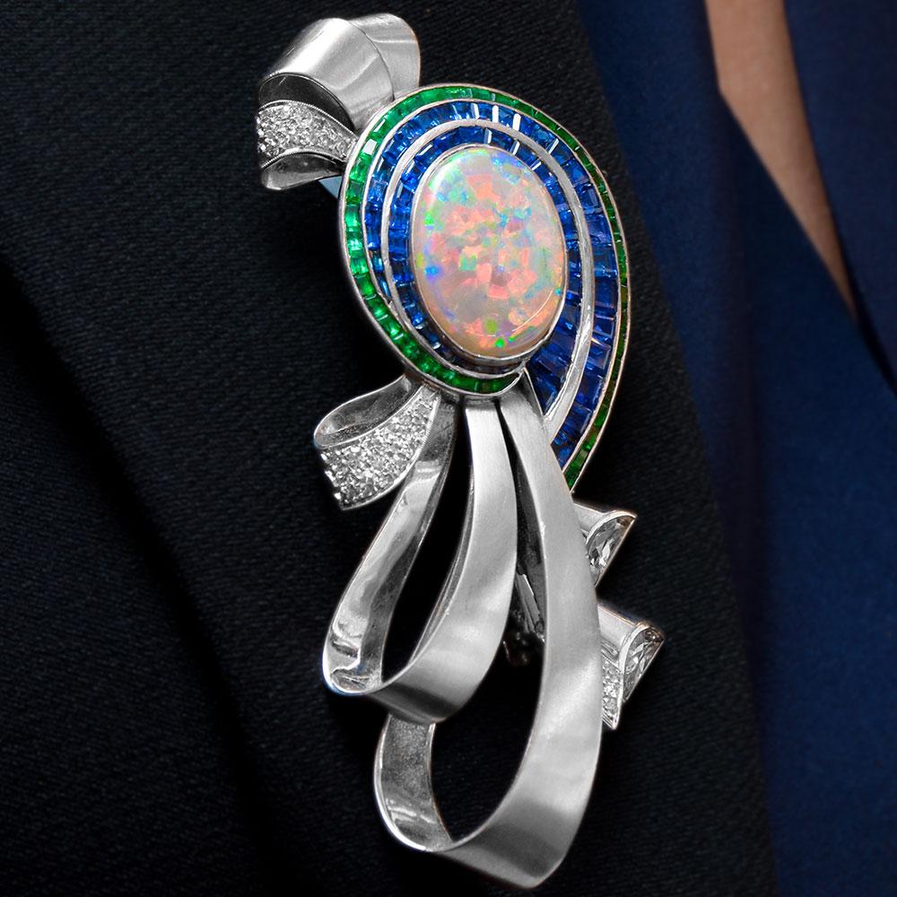 Retro Midcentury Platinum Brooch with Opal, Diamonds, Emeralds, and Blue Sapphires For Sale