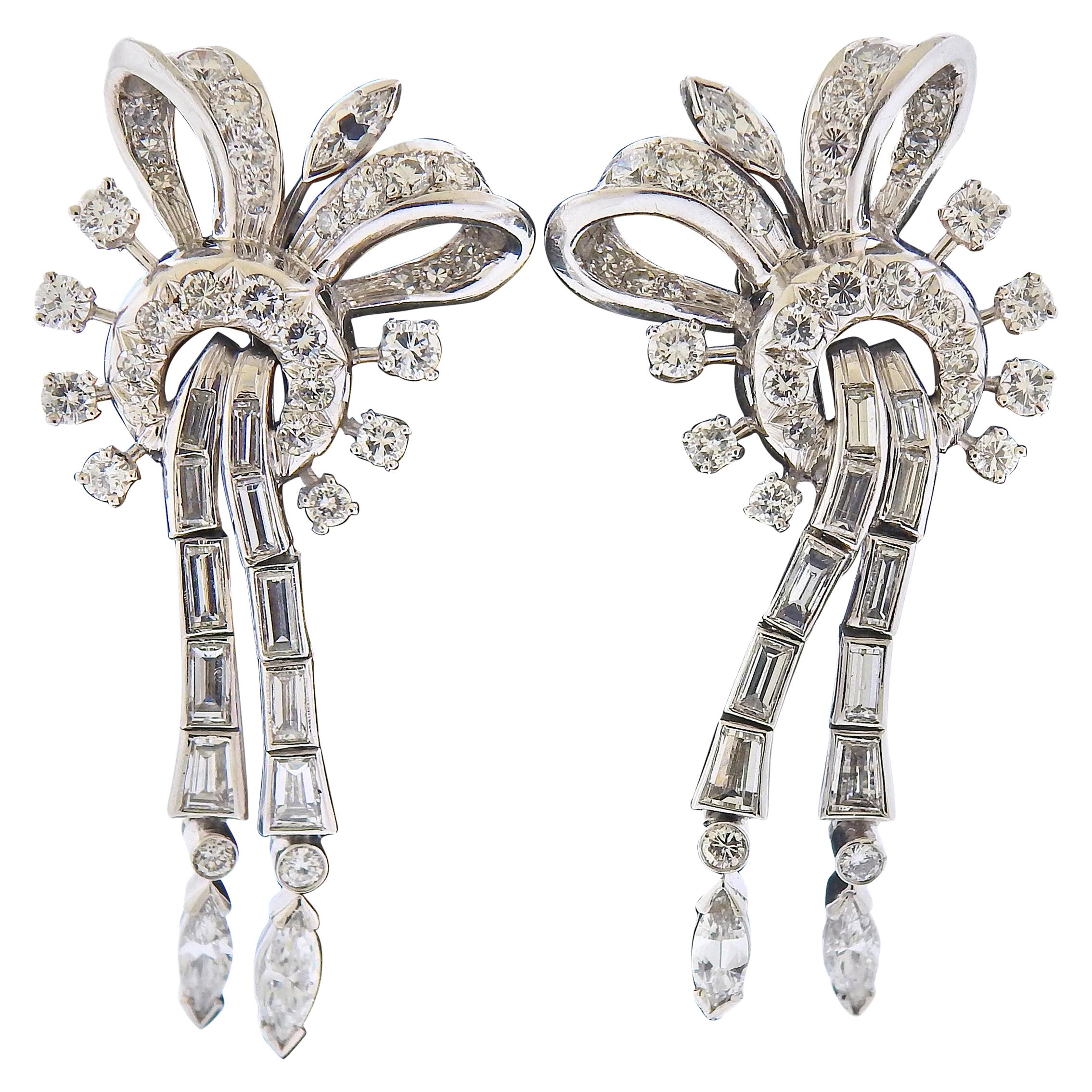 Midcentury Platinum Diamond Drop Earrings For Sale