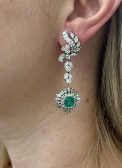 Midcentury Platinum Diamond Emerald Night & Day Earrings