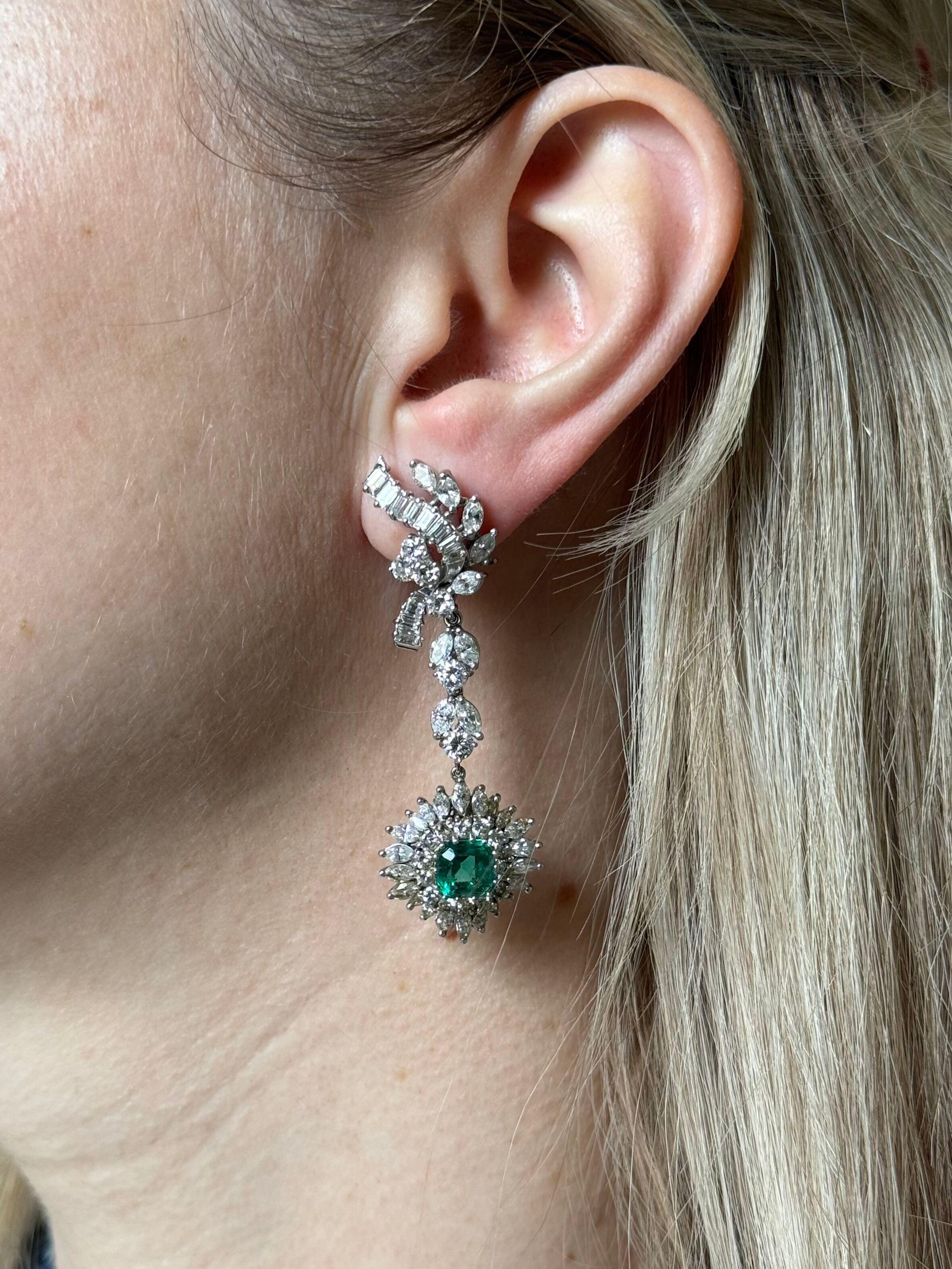 Midcentury Platinum Diamond Emerald Night & Day Earrings For Sale 2
