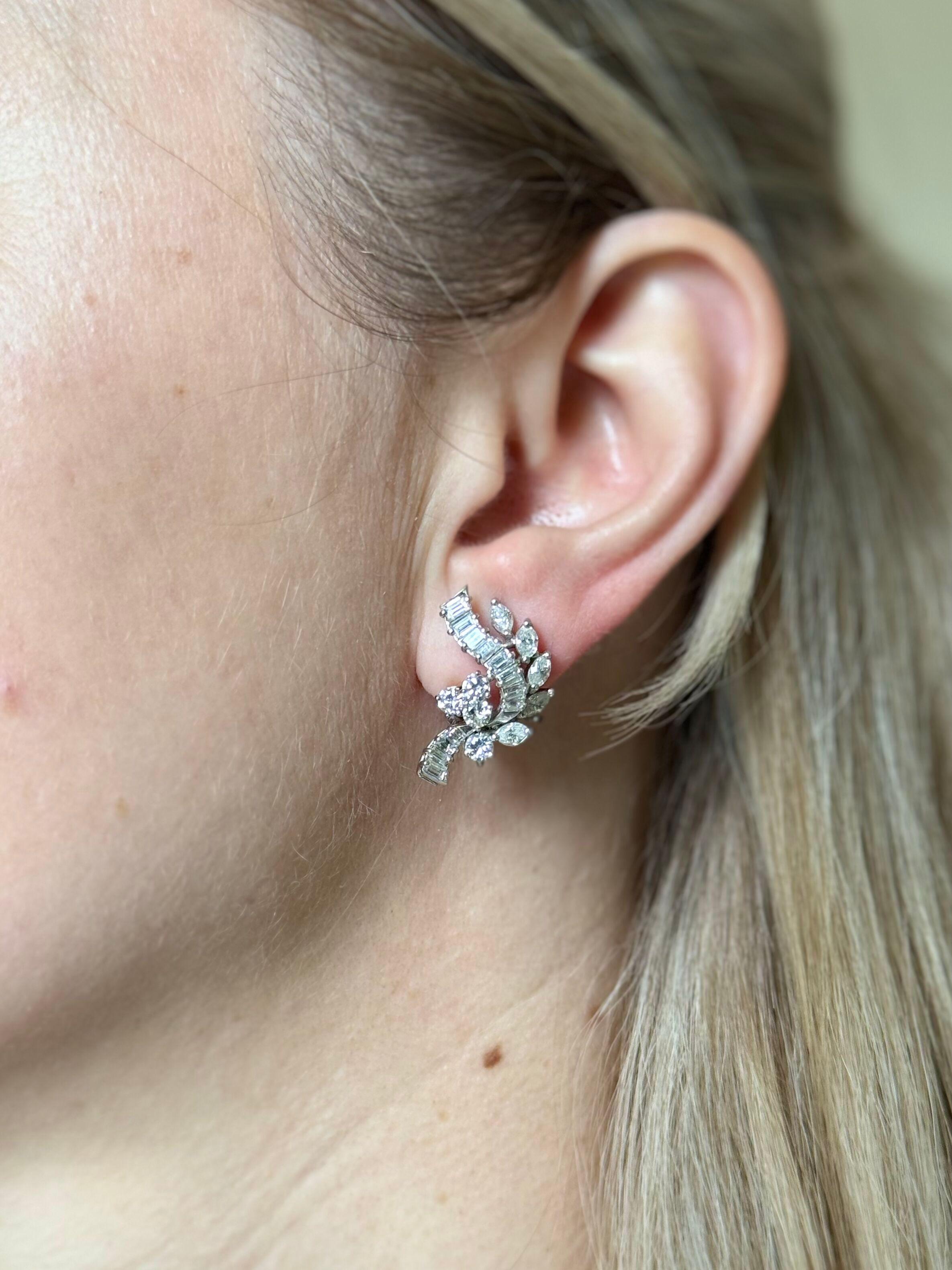 Midcentury Platinum Diamond Emerald Night & Day Earrings For Sale 3