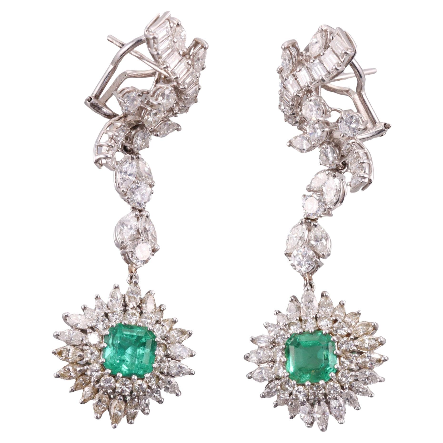 Midcentury Platinum Diamond Emerald Night & Day Earrings For Sale
