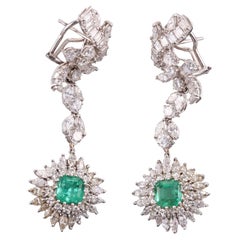 Midcentury Platinum Diamond Emerald Night & Day Earrings