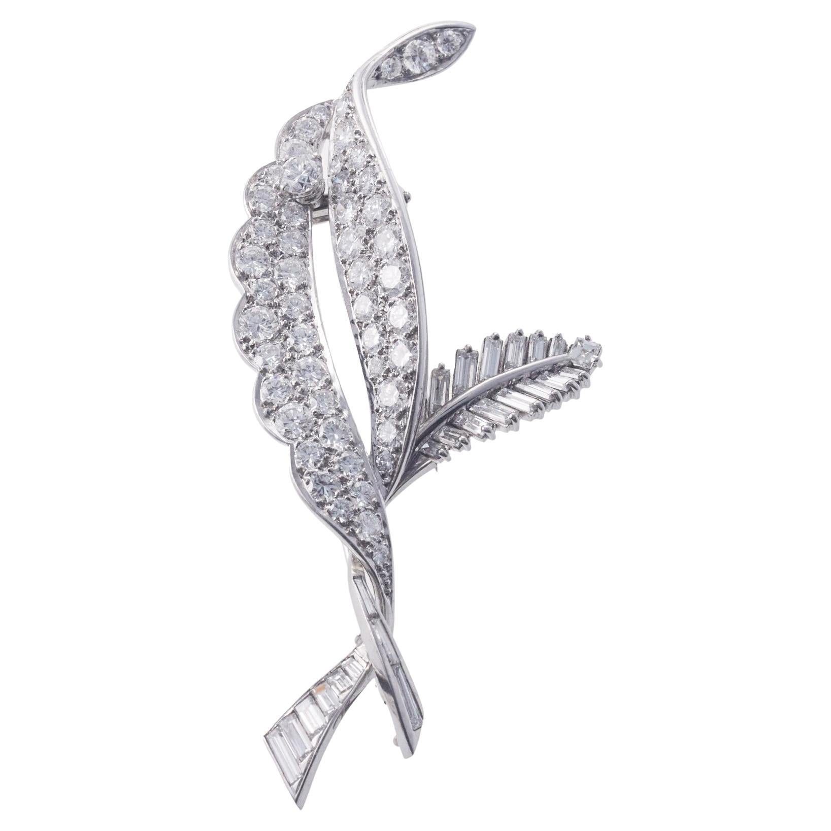 Midcentury Platinum Diamond Leaf Motif Brooch