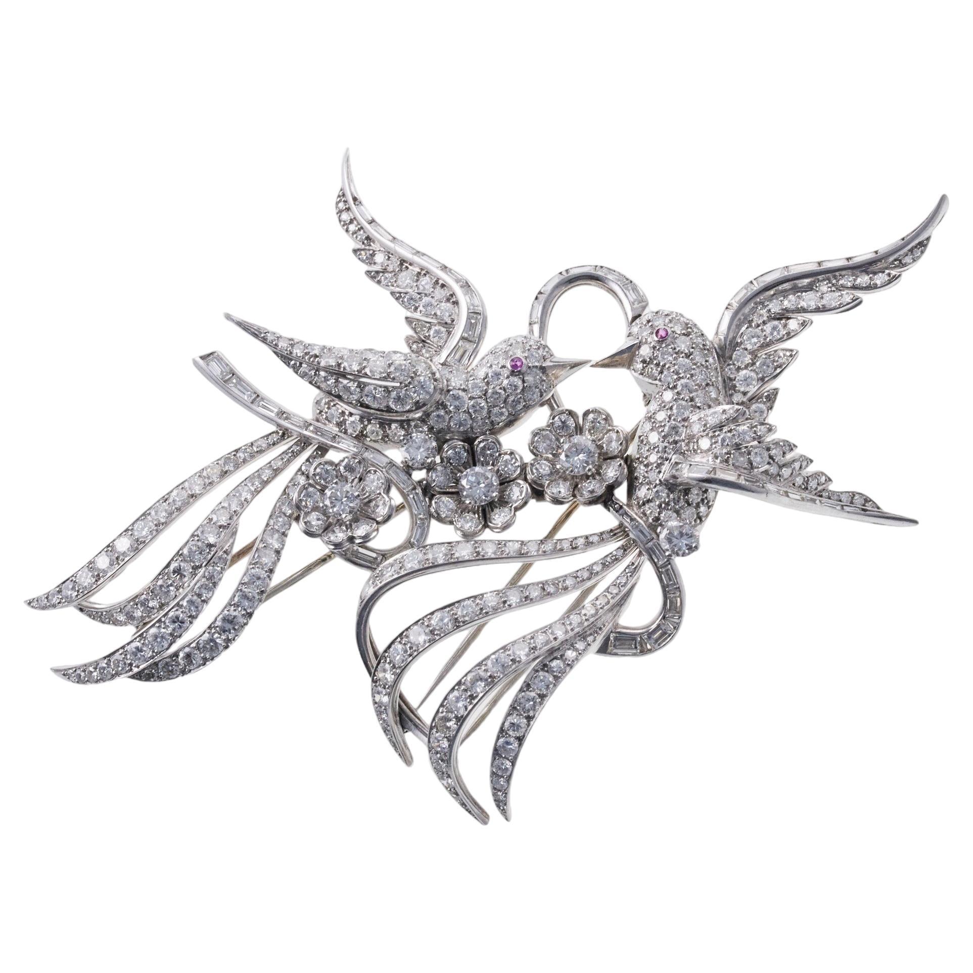 Midcentury Platinum Diamond Ruby Bird Brooch Set