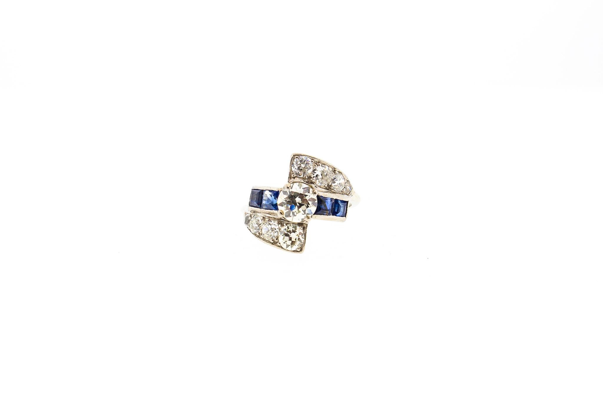 Post-War  Midcentury Platinum Diamond Sapphire Cocktail Ring For Sale