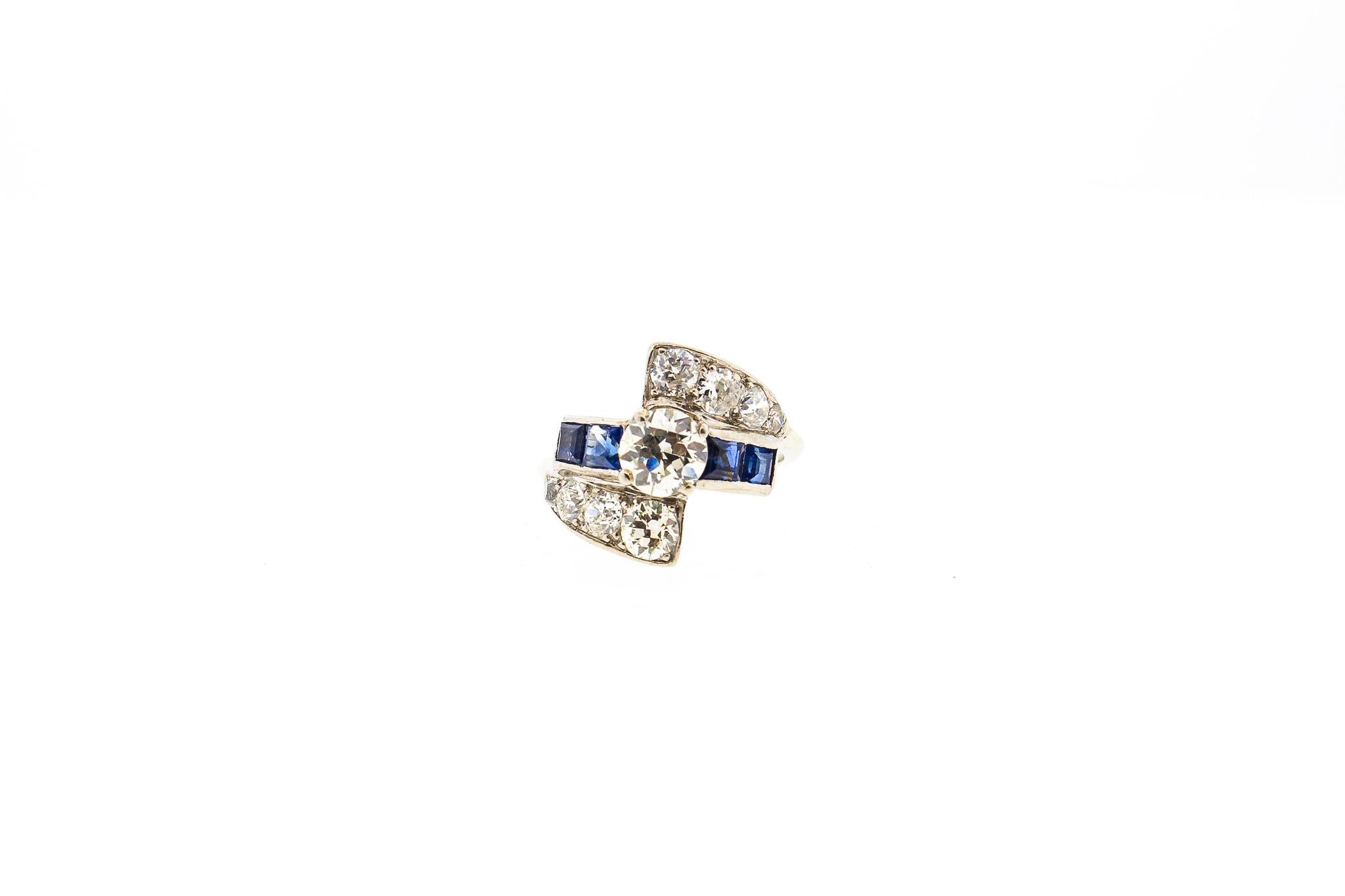 Post-War Midcentury Platinum Diamond Sapphire Cocktail Ring For Sale