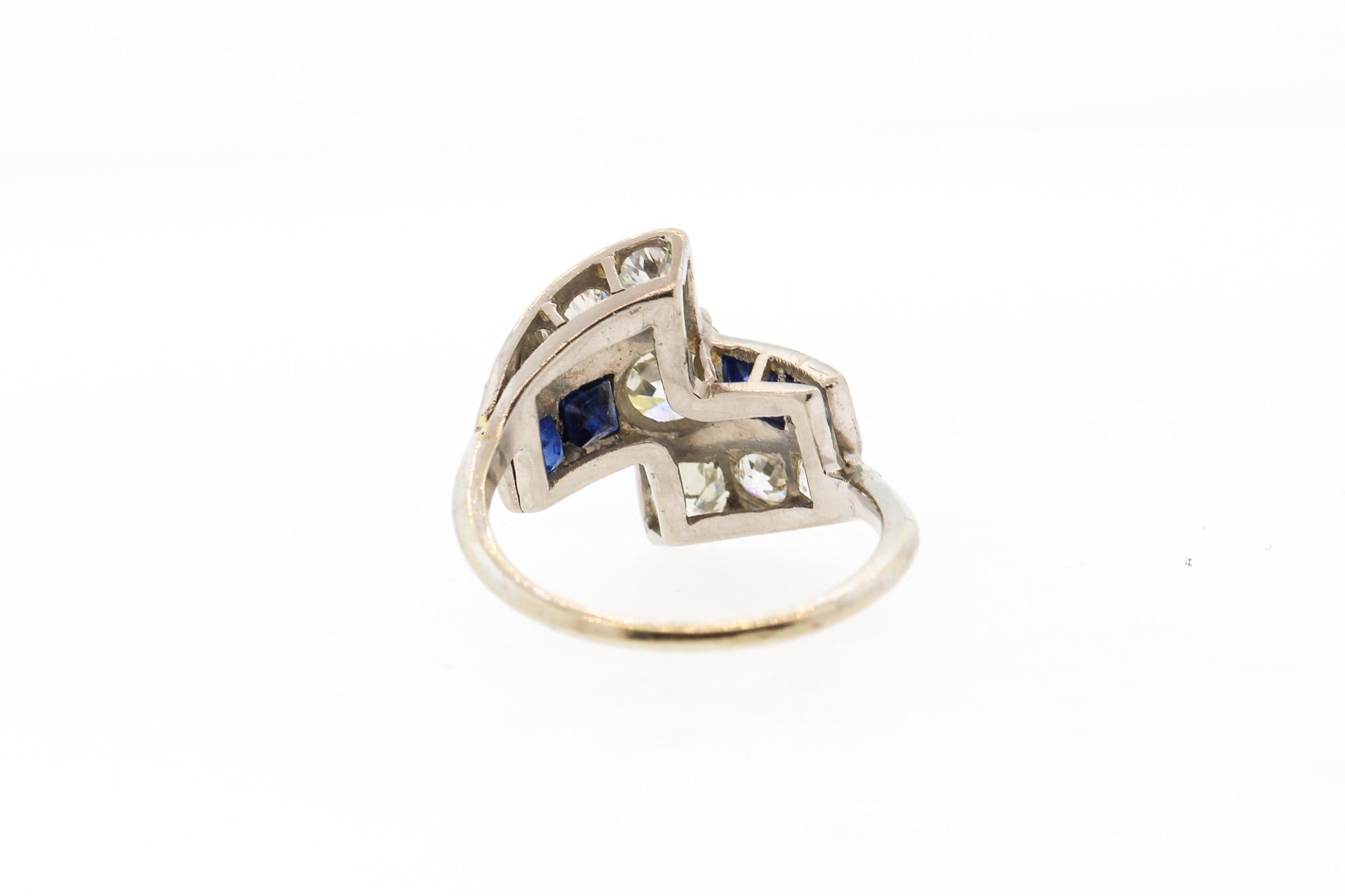 Old European Cut  Midcentury Platinum Diamond Sapphire Cocktail Ring For Sale