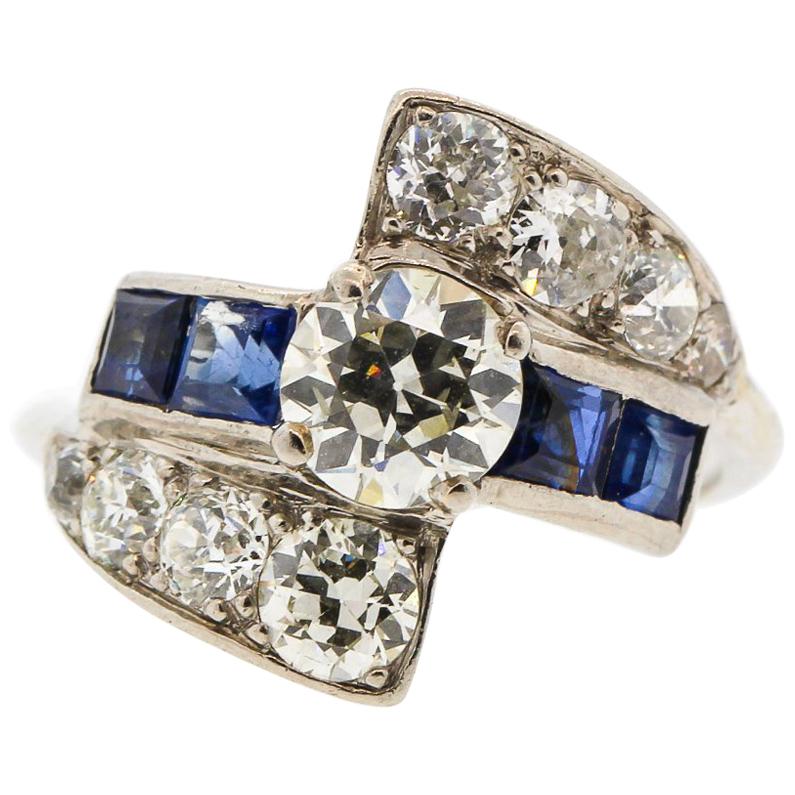  Midcentury Platinum Diamond Sapphire Cocktail Ring For Sale