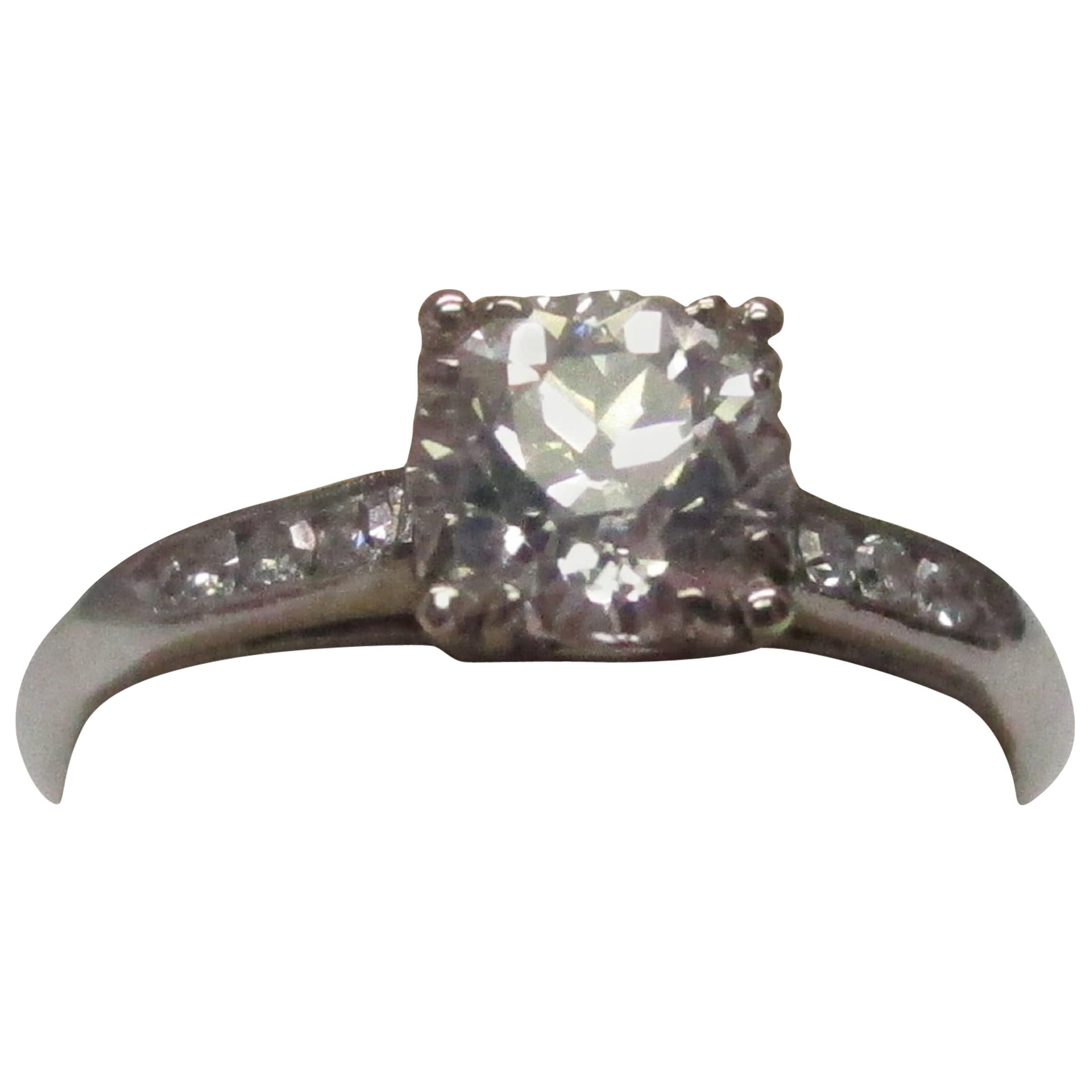 Midcentury Platinum Euro Cut Diamond Engagement Ring For Sale