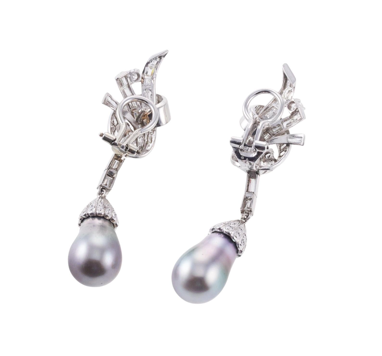 Round Cut Midcentury Platinum Tahitian Pearl Diamond Drop Earrings For Sale