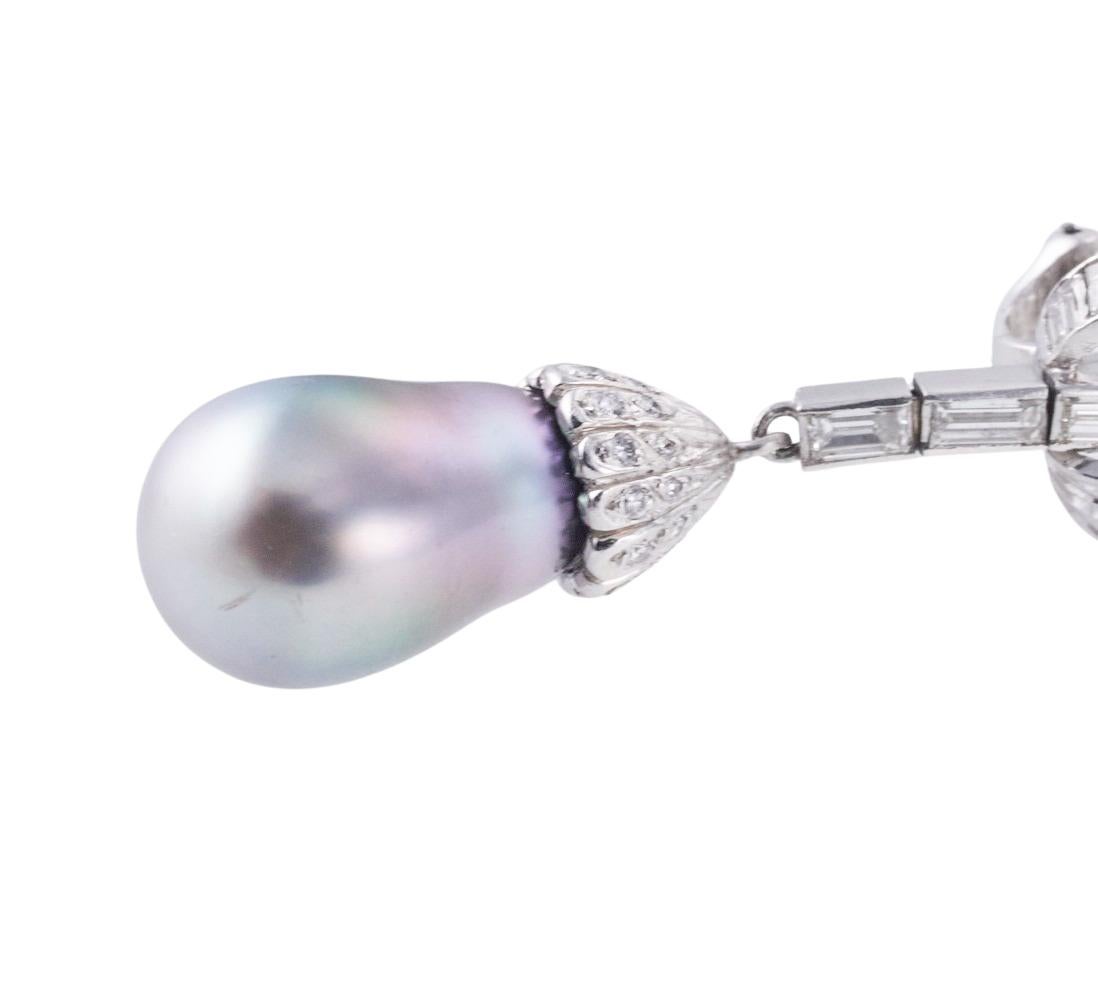 Midcentury Platinum Tahitian Pearl Diamond Drop Earrings For Sale 1