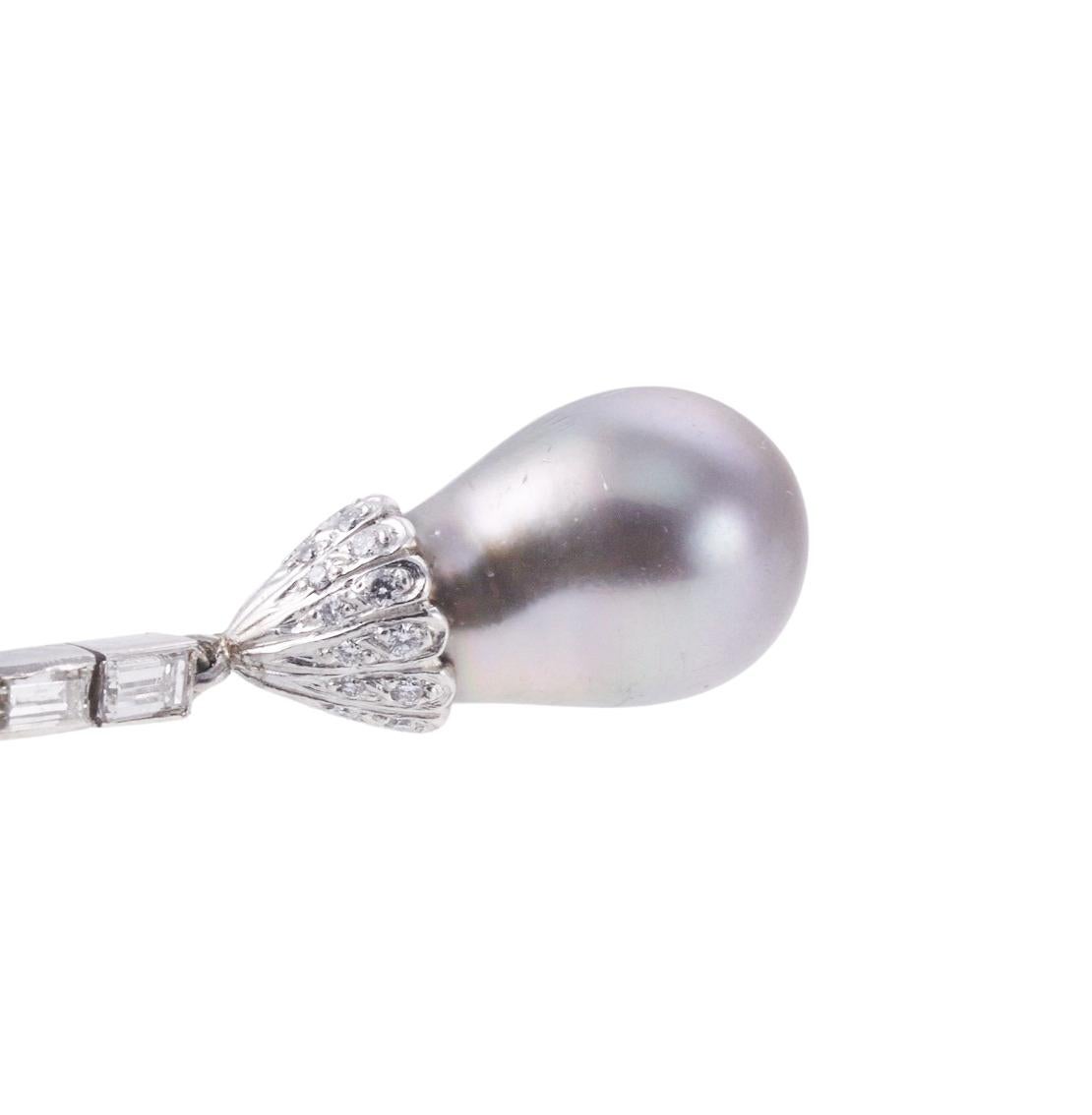 Midcentury Platinum Tahitian Pearl Diamond Drop Earrings For Sale 4