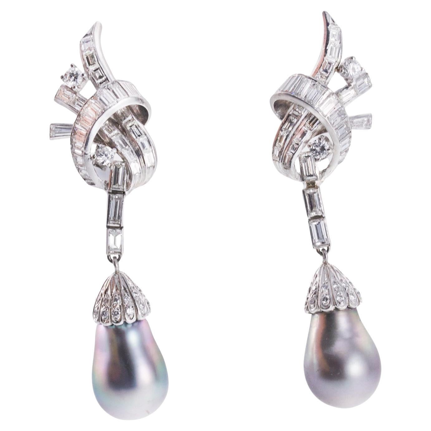 Midcentury Platinum Tahitian Pearl Diamond Drop Earrings For Sale