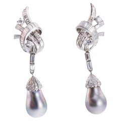 Midcentury Platinum Tahitian Pearl Diamond Drop Earrings