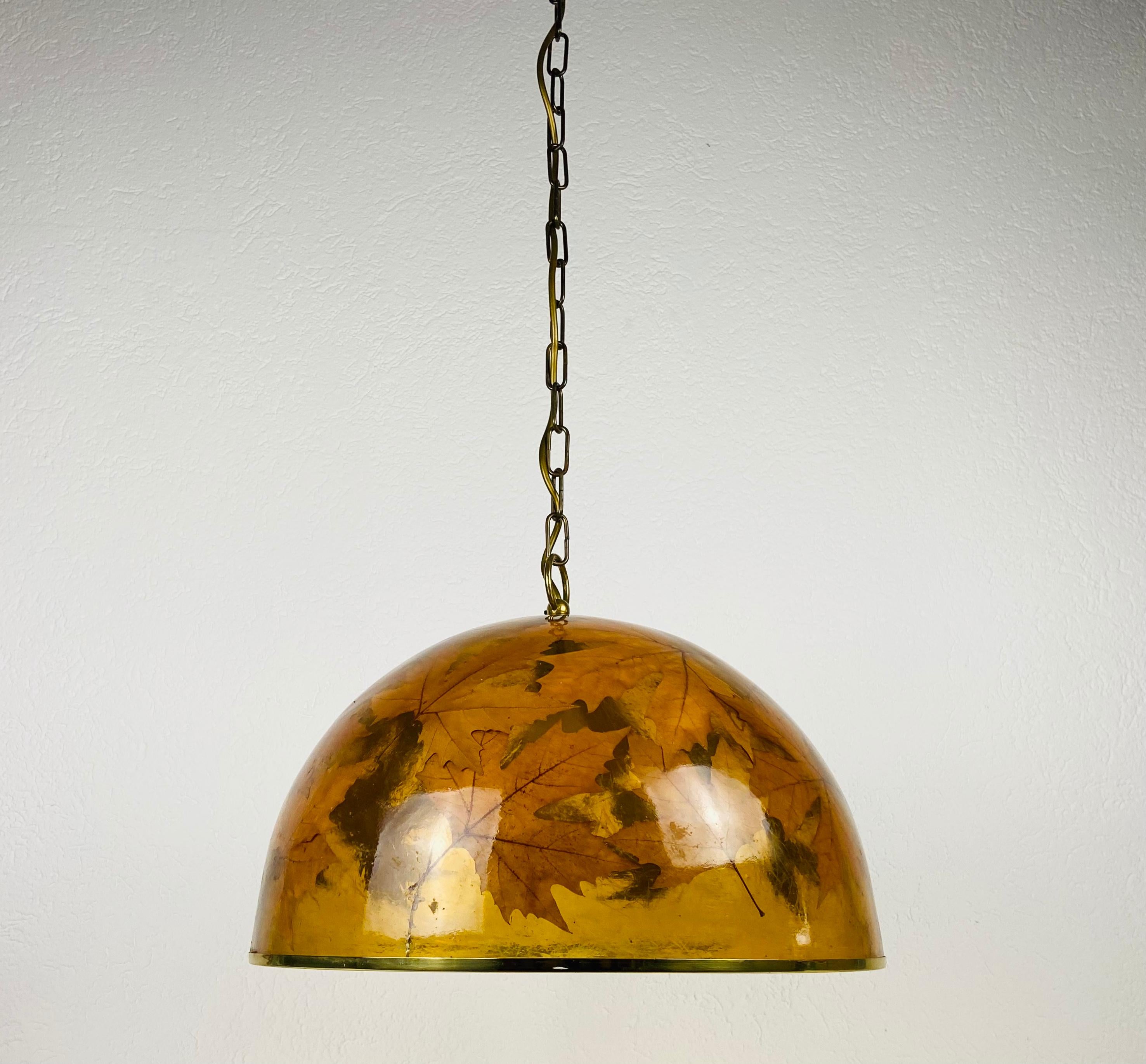 Midcentury Plexiglass Pendant Lamp with Real Leaves, Germany, 1960s In Good Condition For Sale In Hagenbach, DE