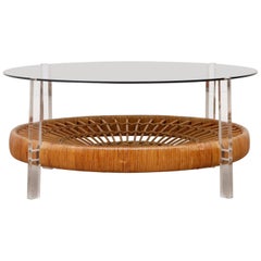 Midcentury Plexiglass, Rattan and Smoked Glass Coffee Table