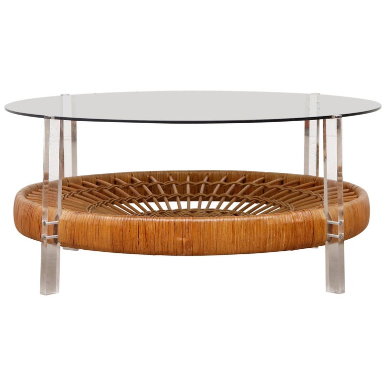 Midcentury Plexiglass, Rattan and Smoked Glass Coffee Table at 1stDibs