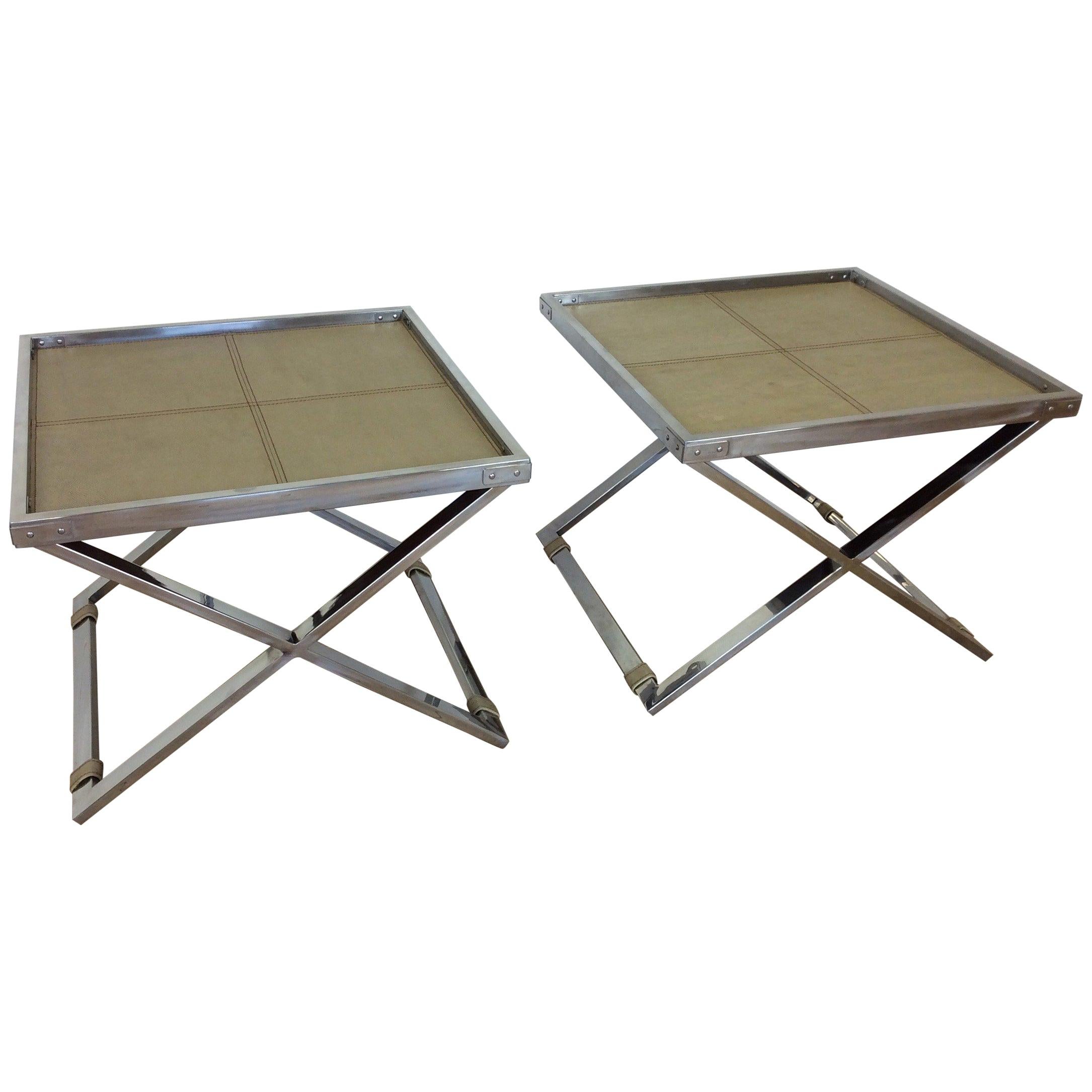 Midcentury Polished Chrome X-Frame Tables with Inset Shagreen Tops For Sale