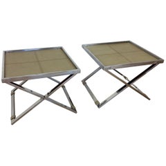 Midcentury Polished Chrome X-Frame Tables with Inset Shagreen Tops